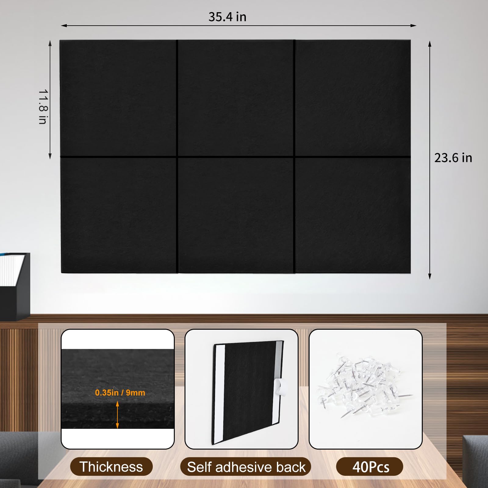 Tablica ogłoszeń, duża tablica korkowa na ścianę, 120 x 89 cm, filcowe płytki z 80 pinezkami, tablice korkowe do dekoracji domu biura