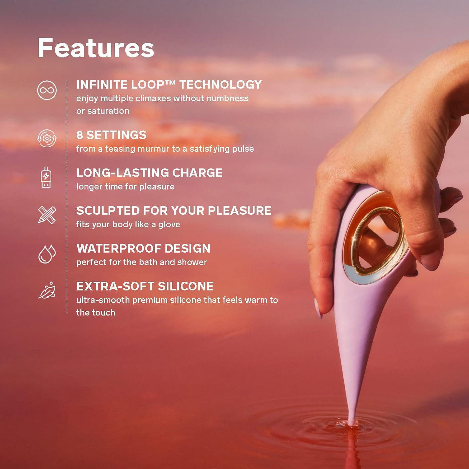 LELO DOT vibrator held in hand, illustrating key features