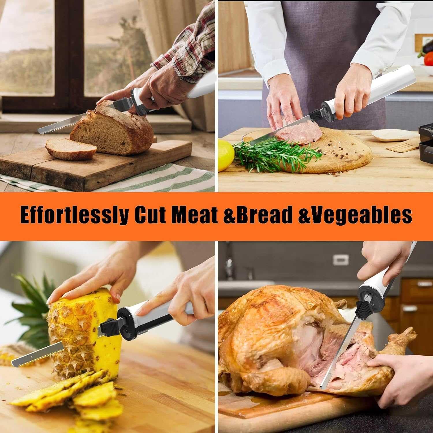 Cuchillo eléctrico inalámbrico para tallar carne con 2 cuchillas dentadas de acero inoxidable de 8 pulgadas y liberación de gatillo de bloqueo de seguridad, cuchillo para tallar eléctrico, cuchillo