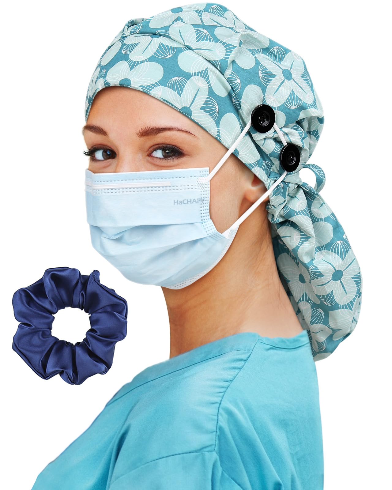 Satin Lined Scrub Cap for Women Extra Large Long Hair Surgical Nurse Cap 4 Buttons