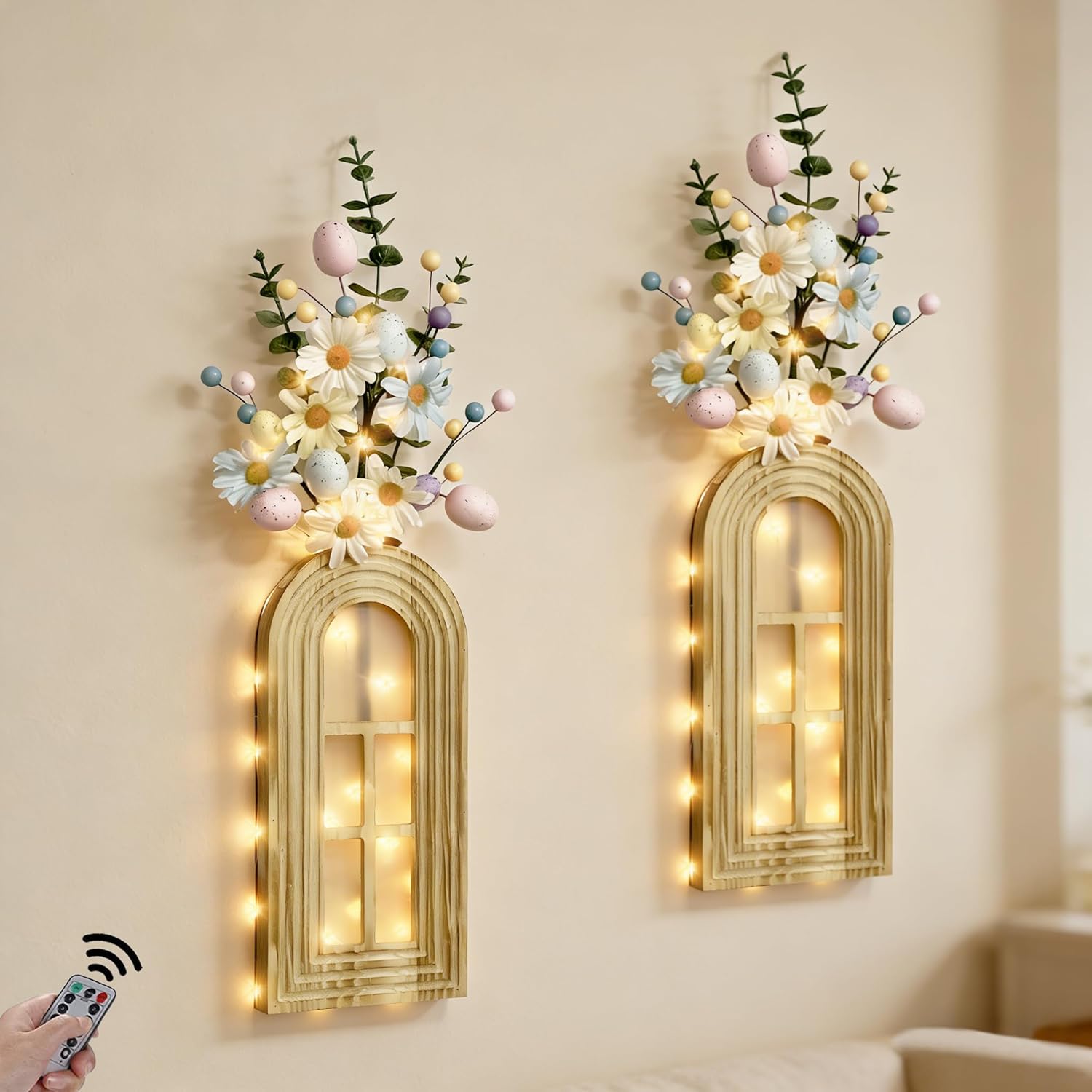 HOMECOR Easter Wall Decor Set of 2 - Boho & Modern Farmhouse Hanging Wooden Vase with Fairy Lights & Artificial Plants, Spring Wall Art for Living Room, Bedroom, Bathroom, Easter Home Decor Gift