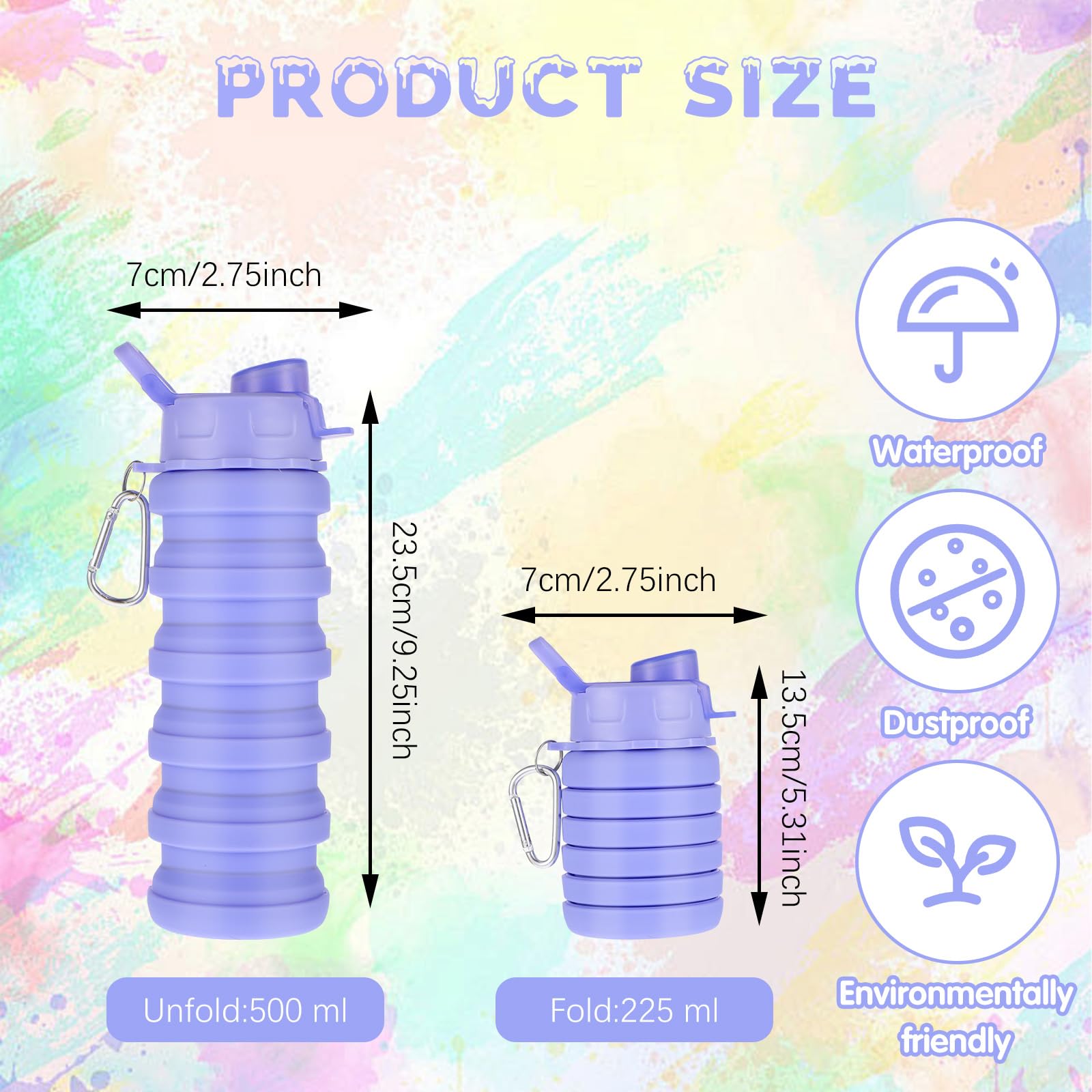 MAQUITA 4 botellas de agua plegables de 16 onzas, botellas de agua plegables portátiles de silicona a prueba de fugas, botella de agua de viaje, reutilizable, botella de agua deportiva con clip de
