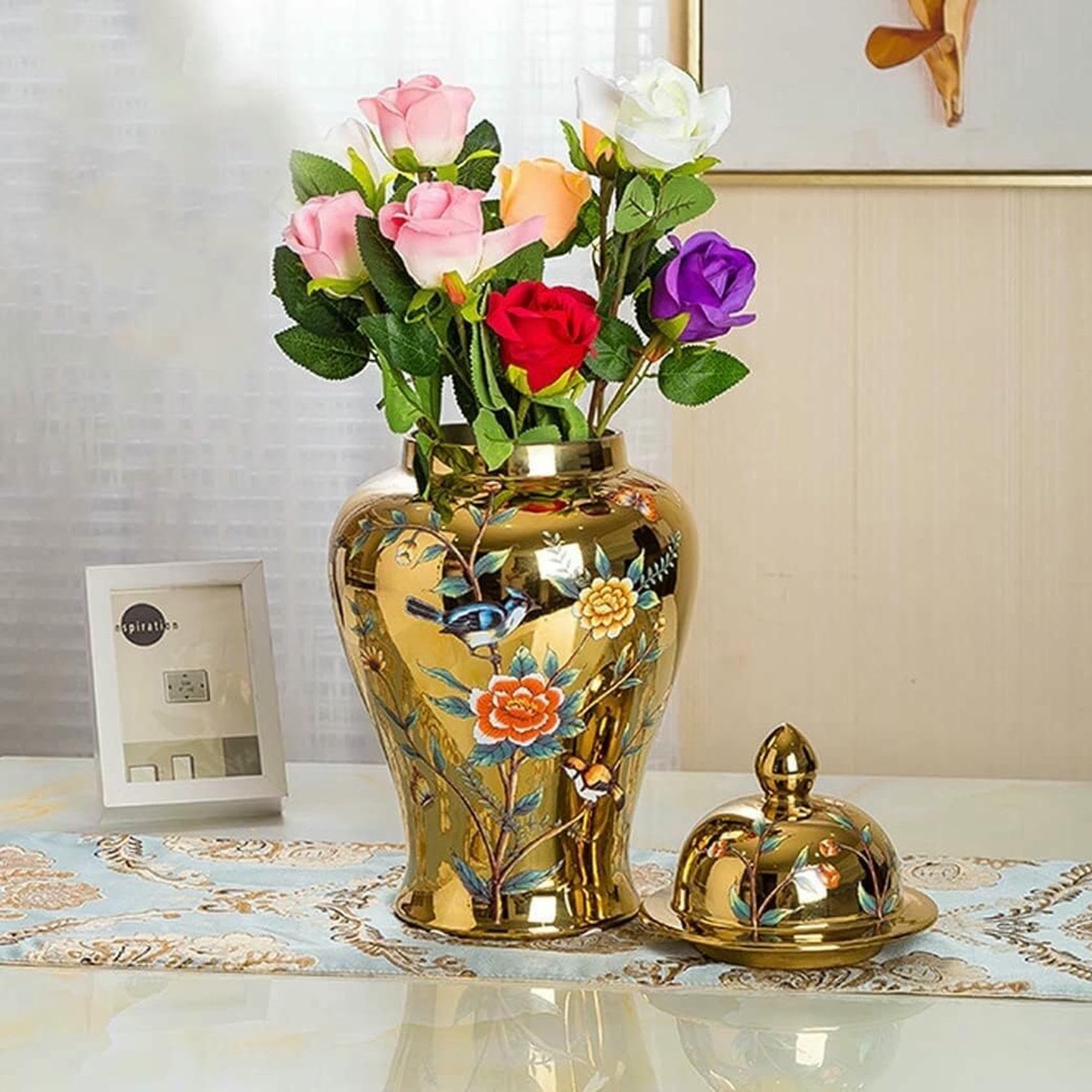 Duży słoik na imbir, złote ceramiczne wazony, słoiki na imbir z pokrywką do wystroju domu, tradycyjne wazony na suszone kwiaty, chiński dekoracyjny słoik porcelanowy,
