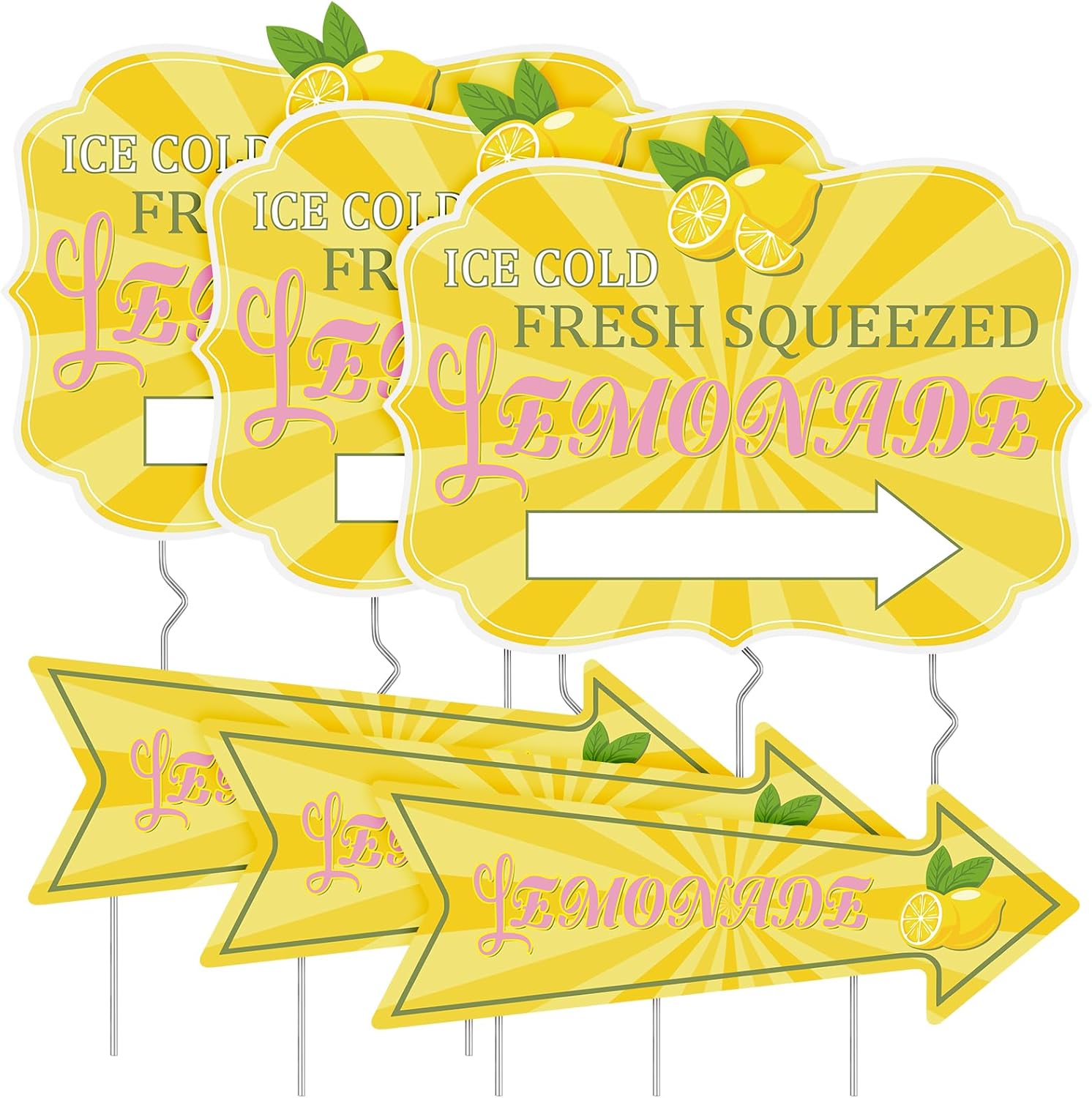6Pack Lemonade Stand Sign 3 PCS 17×12 Inch Yard Sign with Metal Stakes Double Sided Print and 3 Pcs 17×6 Inch Summer Lemonade Arrow Signs for Outdoor Business Decor Store Open Houses Parties
