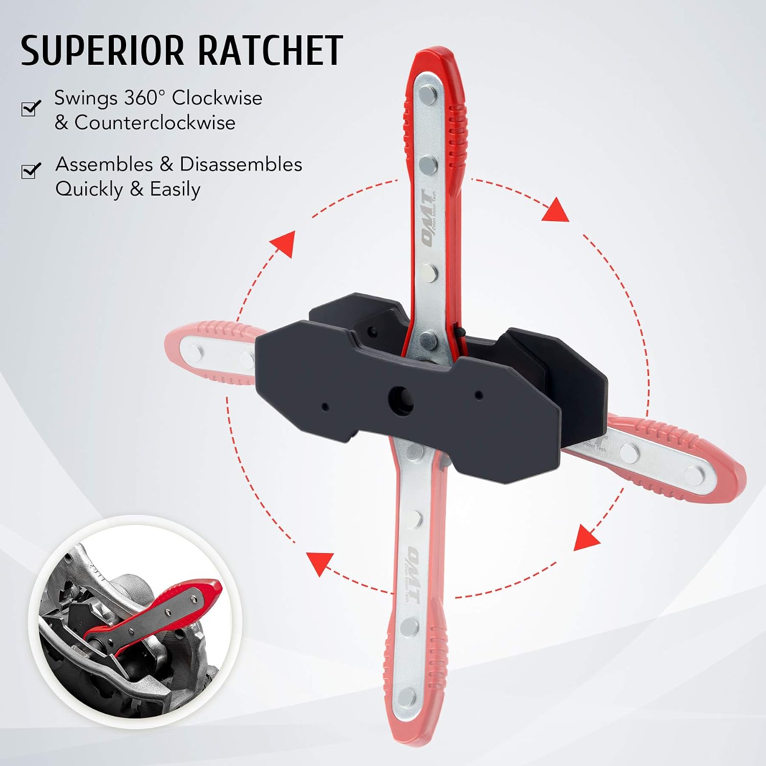 Brake Caliper Tool Set | Ratcheting Brake Piston Tool Kit with Ratchet Wrench & 2 Hanger Hooks | 360 Degree Brake Caliper Press Automotive Hand Tool for Brake Pads Bearings More, Red
