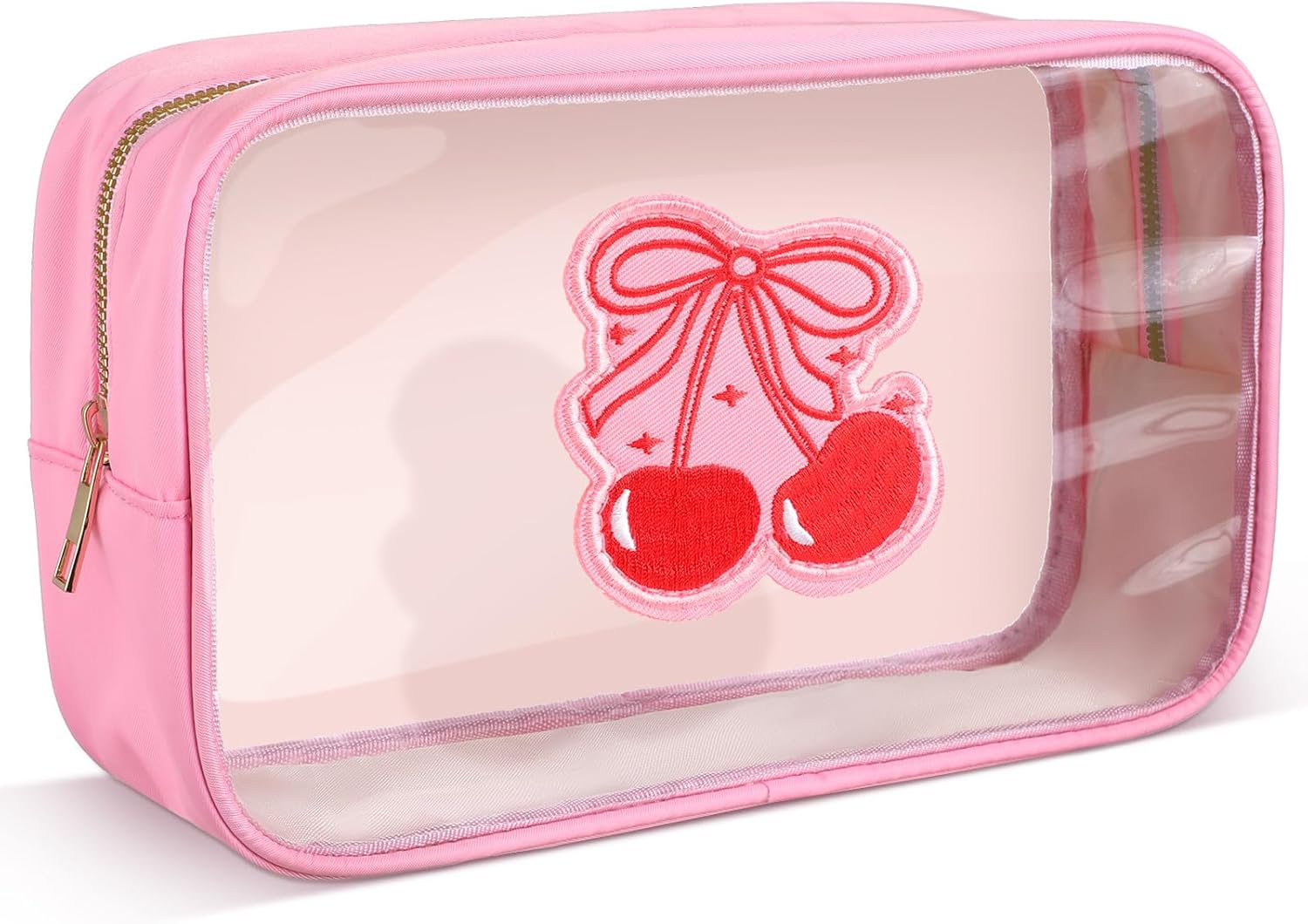 Kacctyen Pink Bow Clear Makeup Bag Coquette Pink Bow Travel Toiletry Preppy Cosmetic Bag Travel Organizer Trendy Portable Gift for Women Girlfriend Bridesmaid Birthday Mothers Day(Cherry Bow)