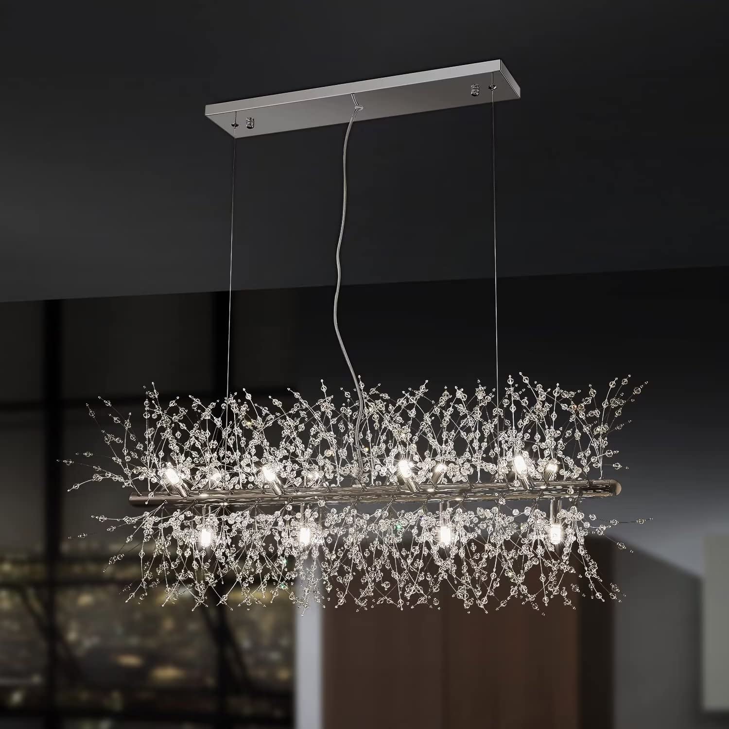 Araña de cristal moderna, araña de plata de 12 luces para comedor, araña para salón cocina dormitorio 92cm largo
