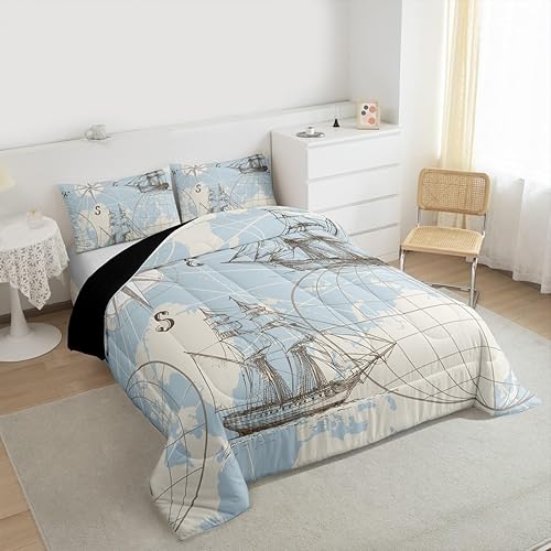 Miniatura 3 de Juego de edredón náutico tamaño matrimonial, juego de ropa de cama con mapa del mundo para niños, niñas y adolescentes, funda de edredón con diseño