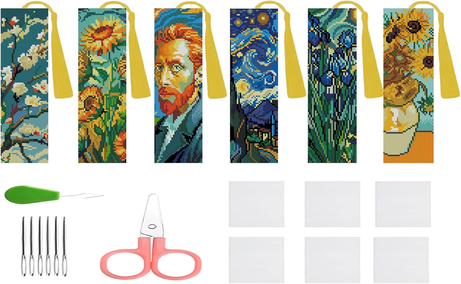 DYAIANGMU Vincent Van Gogh 6 Pcs Cross Stitch Bookmark Kit for Beginner with Backing Felt Floss Instruction DIY Stamped Embroidery Bookmark Kit for Starter Adults Book Lovers (2.3x7.8 inch)