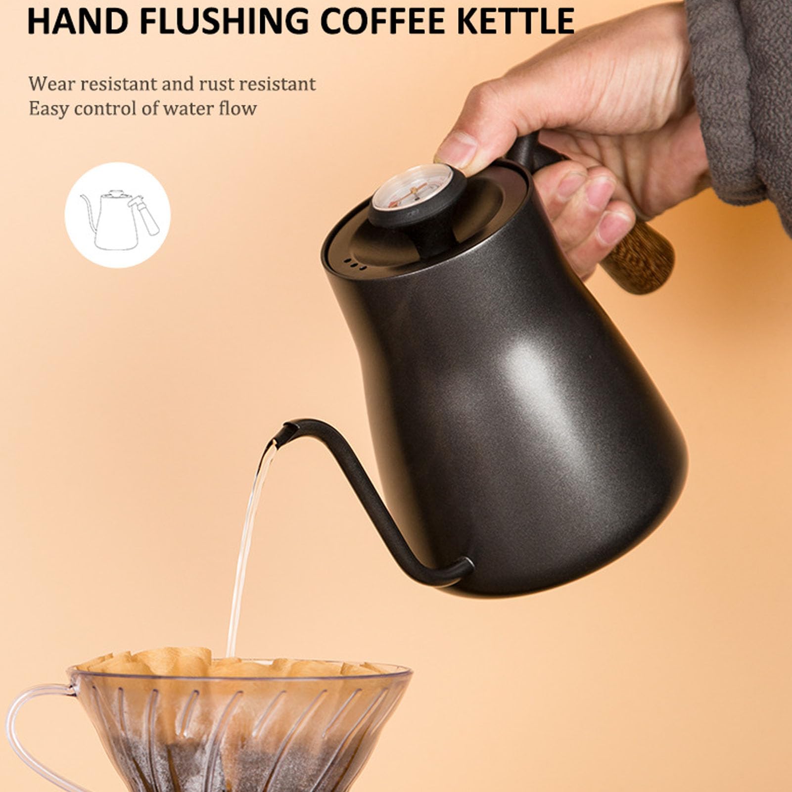 Caleta De Café De 850 Ml Con Boquilla Delgada De TermóMetro, Tetera De Cuello De Cabecera De Madero De Acero Inoxidable Para El Hogar Y La Oficina, Viajes Al Aire Libre Y Otras Act