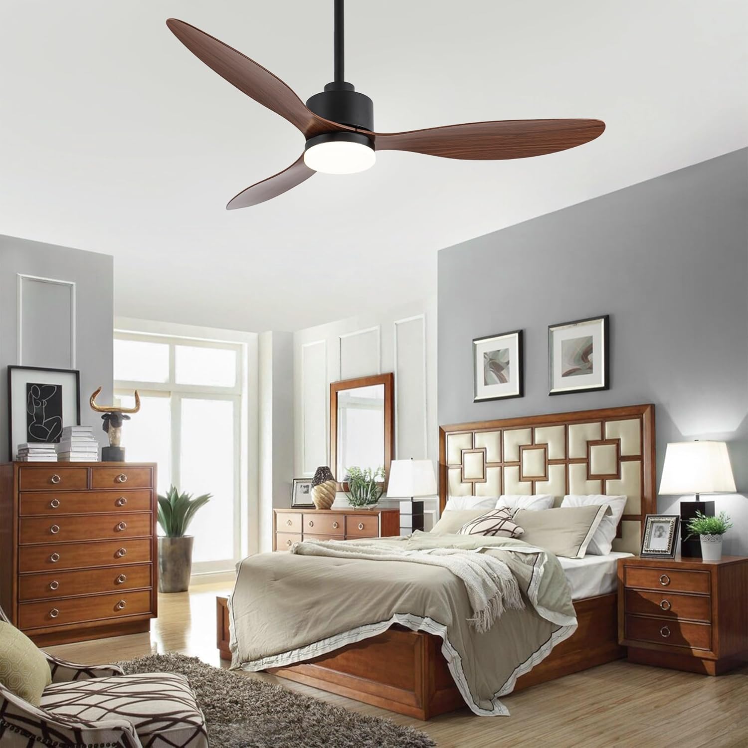 52 Inch Modern Ceiling Fans with Lights and Remote, 6-Speed Reversible DC Motor, 3 ABS Blades, 3-Color Led Light, 2 Downrods, Industrial Indoor Ceiling Fan Light Fandeliers for Bedroom (Black & Brown)