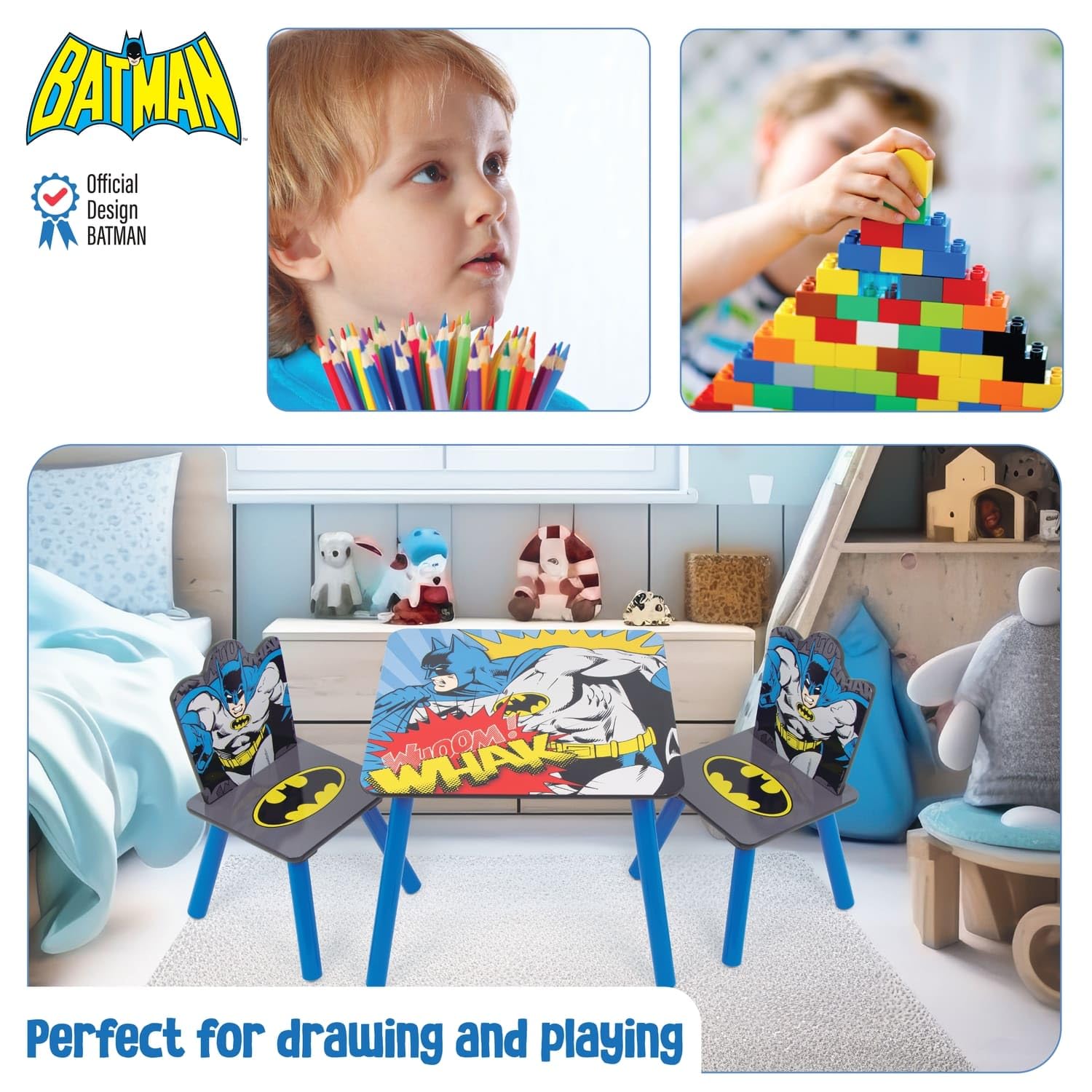 ARDITEX - Ensemble Table et 2 Chaises en Bois pour Enfants Licence Officielle Batman - Table 50x50x44 cm/Chaise 26,5x26,5x50 cm - Bleu Nuit - Idéal pour Jouer et Dessiner