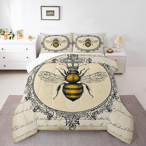 Erosebridal Sweet Honey Bee - Juego de ropa de cama tamaño matrimonial, lindo diseño de animales kawaii, estilo retro vintage, relleno de edredón de