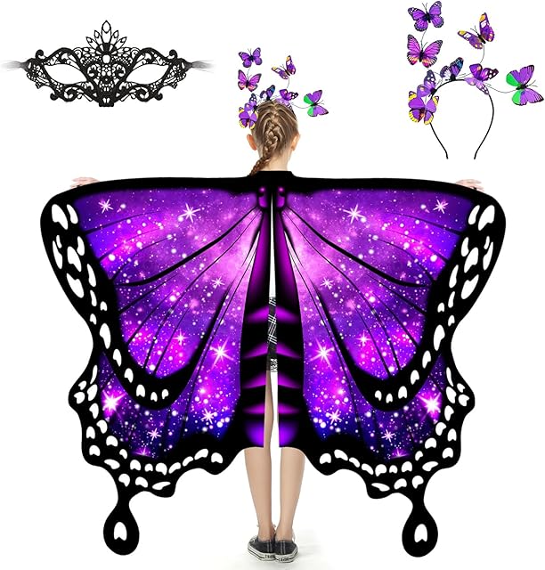 plainshe Butterfly Wings for Girls, Butterfly Costume for Halloween, Fairy Wing Kids, 3PCS Butterfly Cape Set