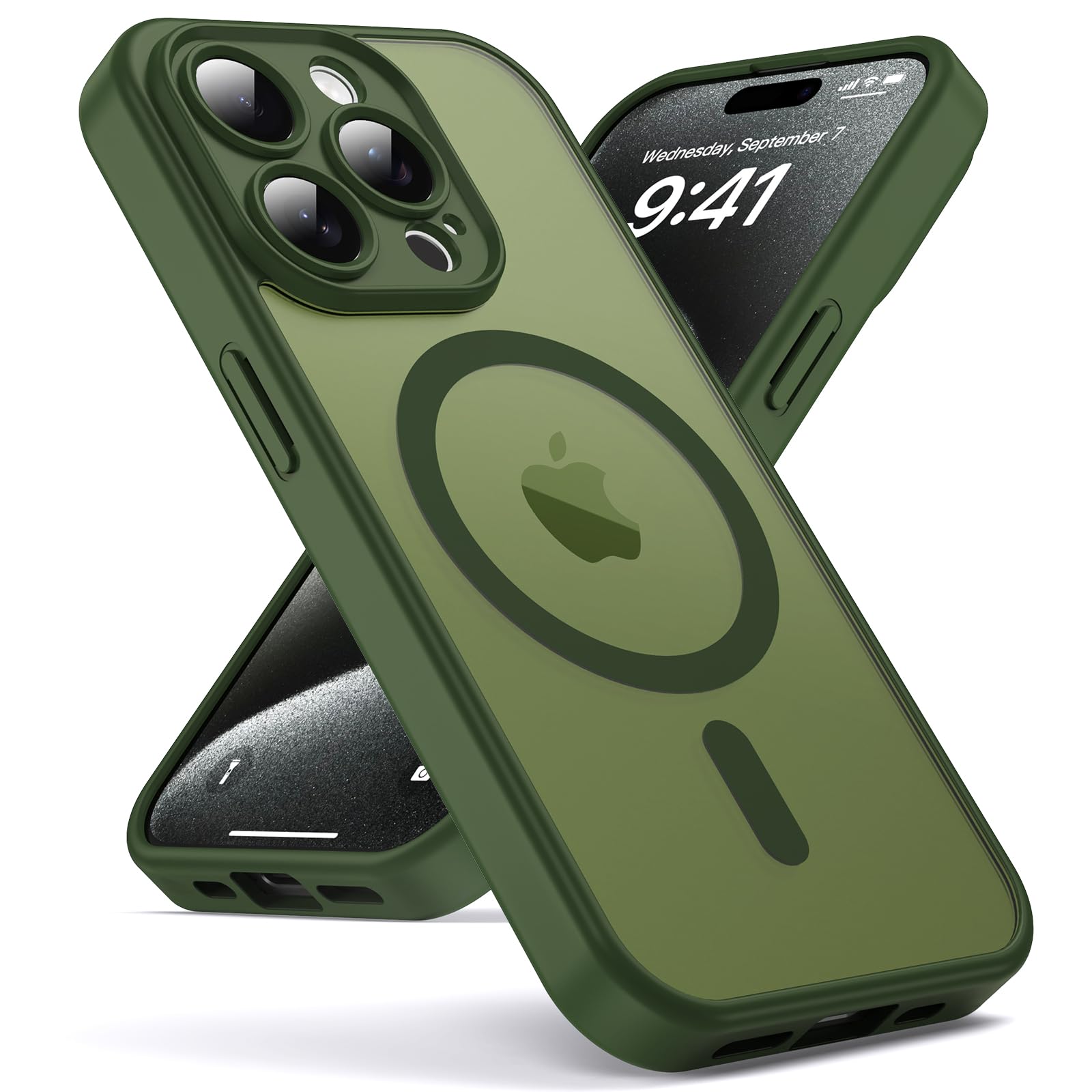 for iPhone 15pro case, MagSafe Compatible, Camera Protection, Magnetic Translucent Matte Film case, Military Grade Protection (Cangling Green)