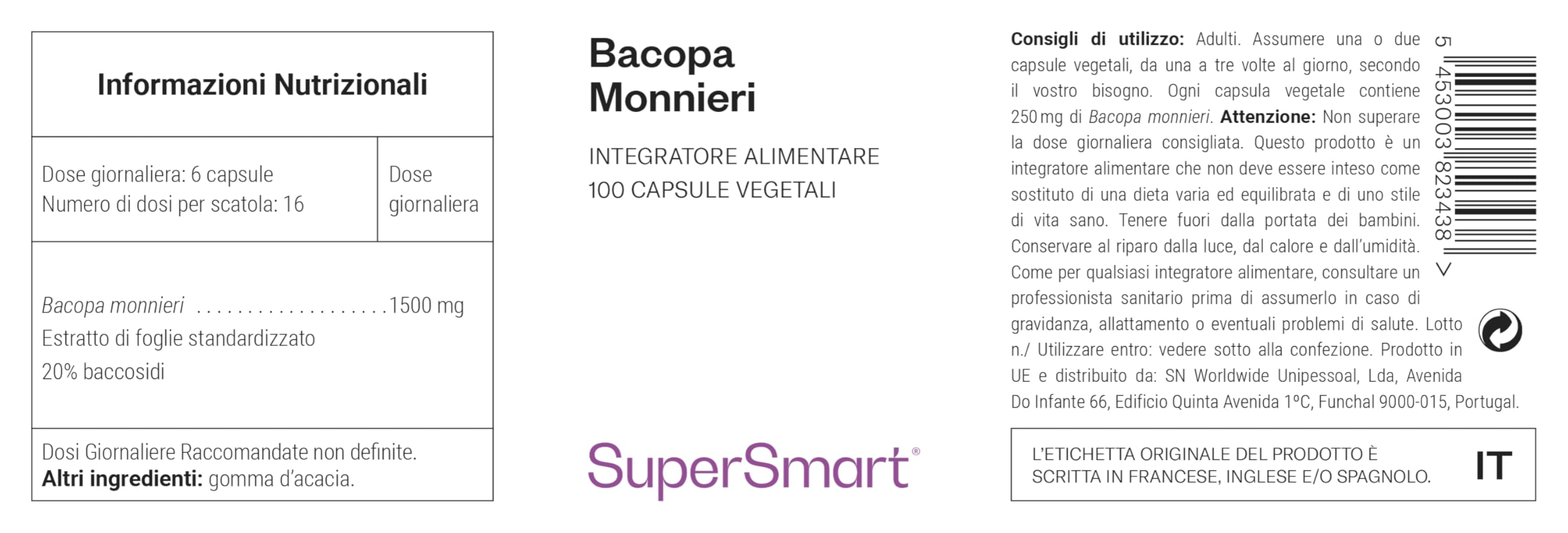 Bacopa Monnieri - Estratto concentrato di foglie di Baccoside (50%) - Contribuisce a migliorare la memoria, la capacità di apprendimento e l'elaborazione delle informazioni - SuperSmart
