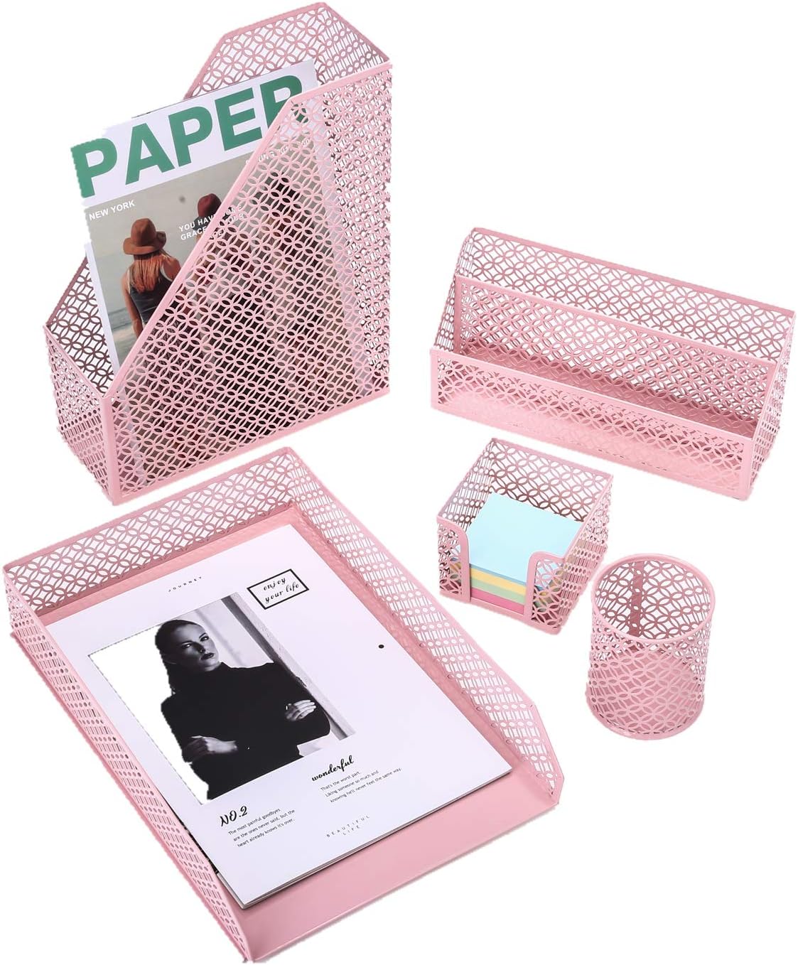 Delifox Office Suppliers 5 Piece Desktop Organizer Set Desk Accessories - Letter Tray, Mail Sorter, Sticky Note Holder, Pen Cup and Magazine Holder, Light Pink
