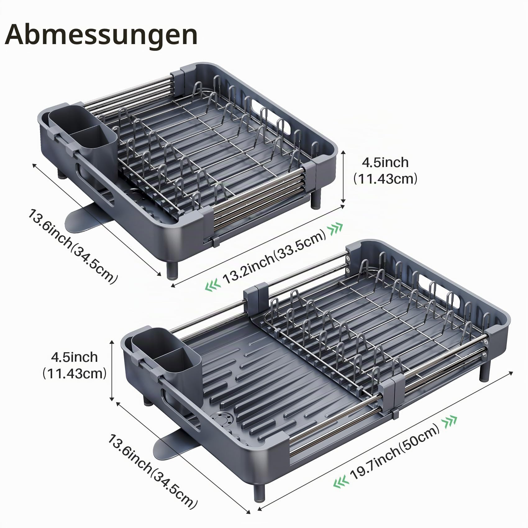 SAYZH Abtropfgestell, Erweiterbar (33,5 CM-50 cm) Geschirrabtropfgestell, Edelstahl Abtropfgestell Geschirr mit Utensilienhalter Becherhalter für Küchentheke Spüle Organizer(Grau)