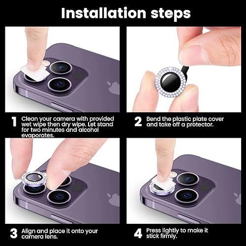 Miniatura 75 de Tensea Protector de lente de cámara para iPhone 14 Pro/iPhone 14 Pro Max, protector de pantalla de vidrio templado 9H, protector de anillo Purpurina