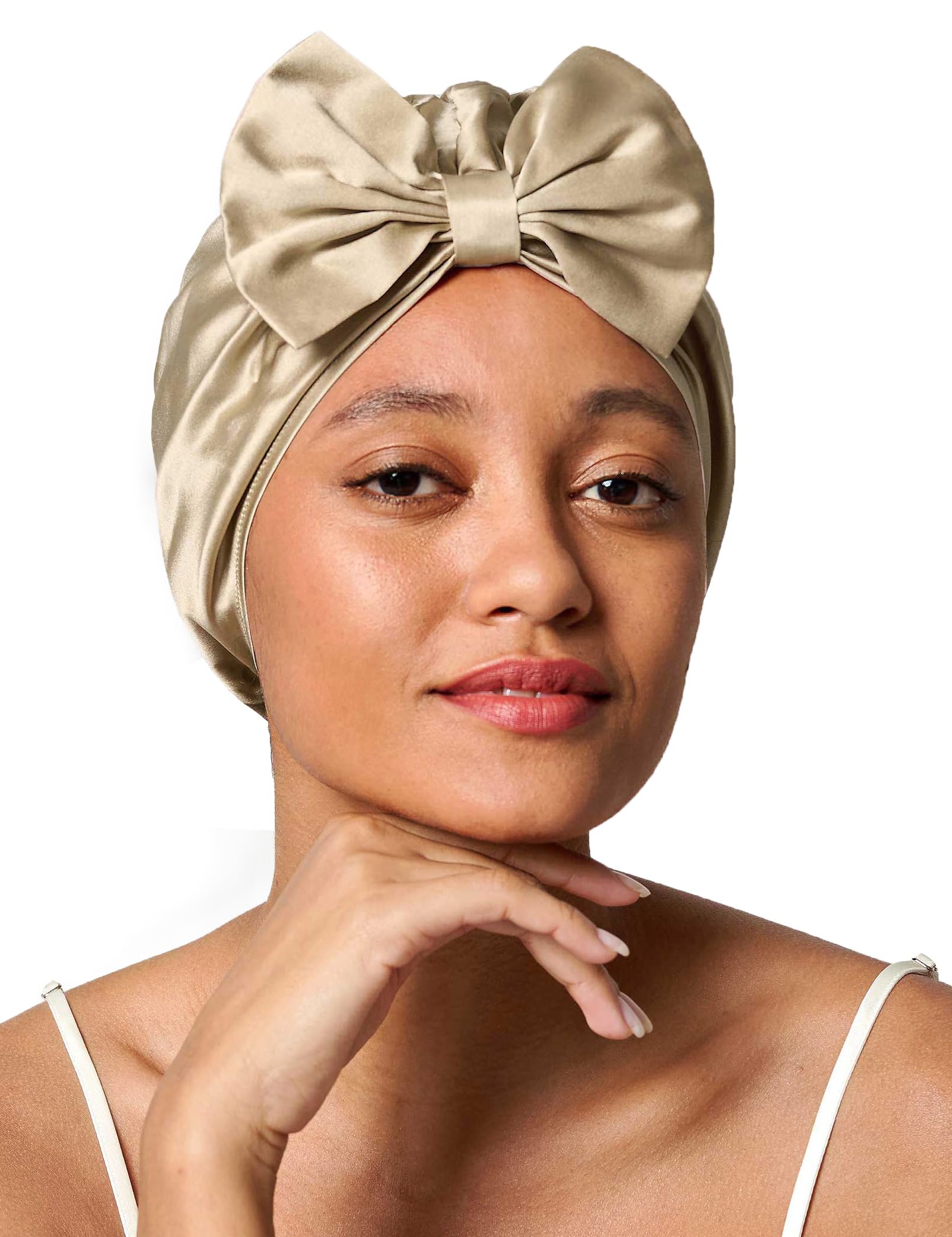 LILYSLK Womens Silk Bonnet 100% Mulberry Silk Sleep Cap for Long Curly Hair Ladies Bowknot Hair Warp for Sleeping Night Hair Scarf Silk Turban Taupe