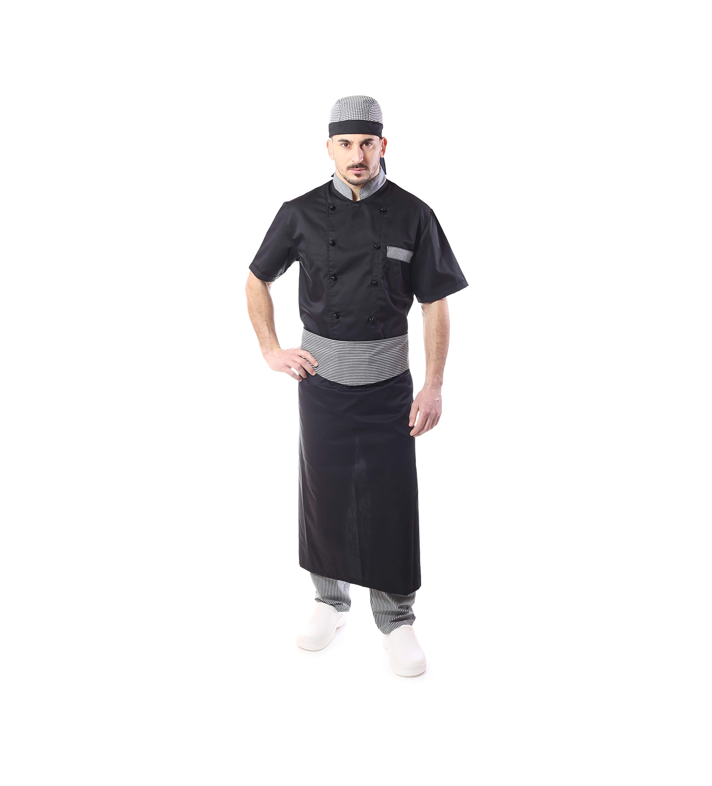 RICAMO GRATUITO - Completo Cuoco e Chef Nero - Profili Pied De Poule - Uomo - 4PZ - Giacca Manica Corta, Pantalone, Davantino, Bandana - Divisa per Cucina e Ristorante - Made in Italy Tessile Astorin
