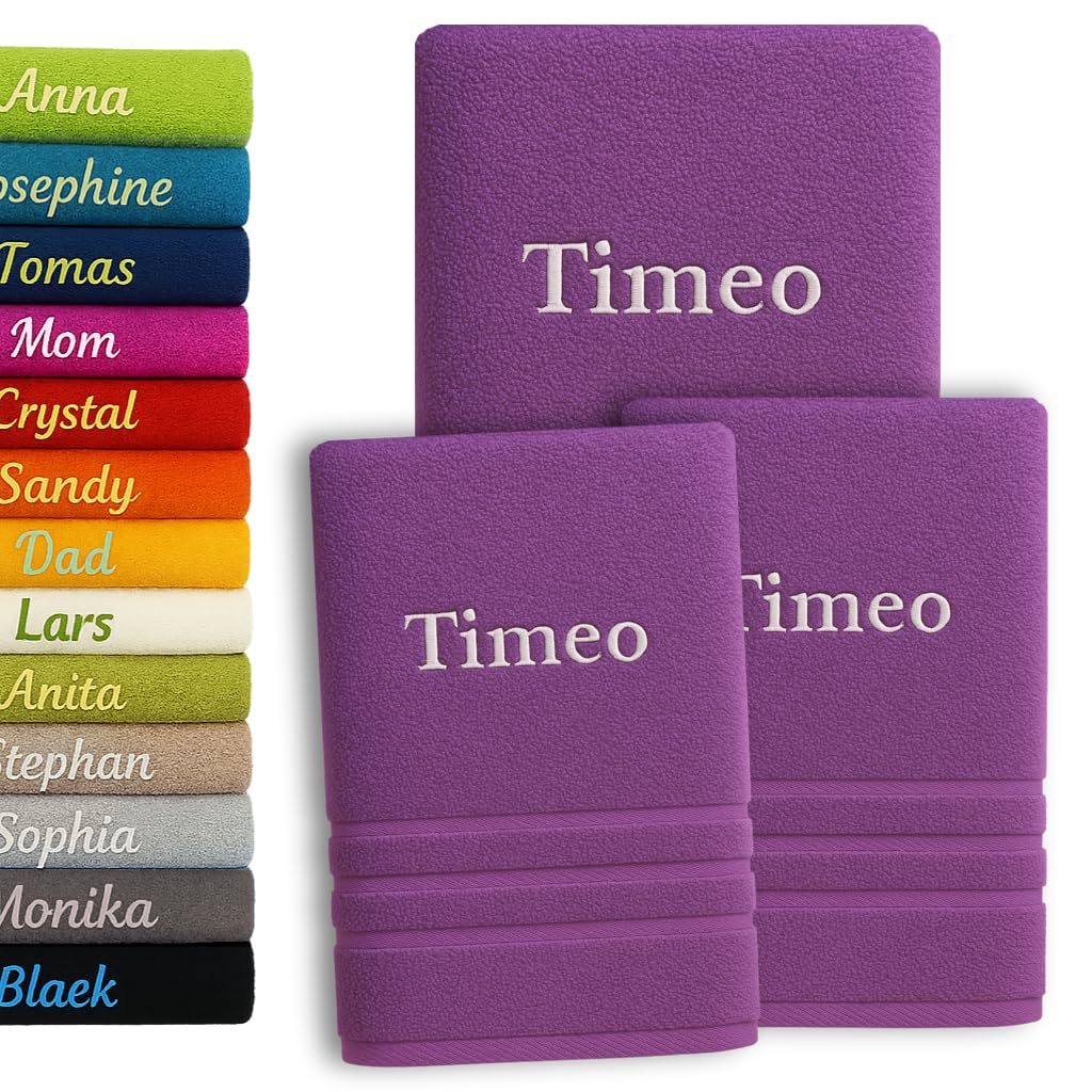Pet-Jos Serviettes de Bain et de Main Personnalisées avec Nom Brodé - Lot de 3 (Violet, Coton, 70x140 cm + 50x100 cm, Home/Bath)