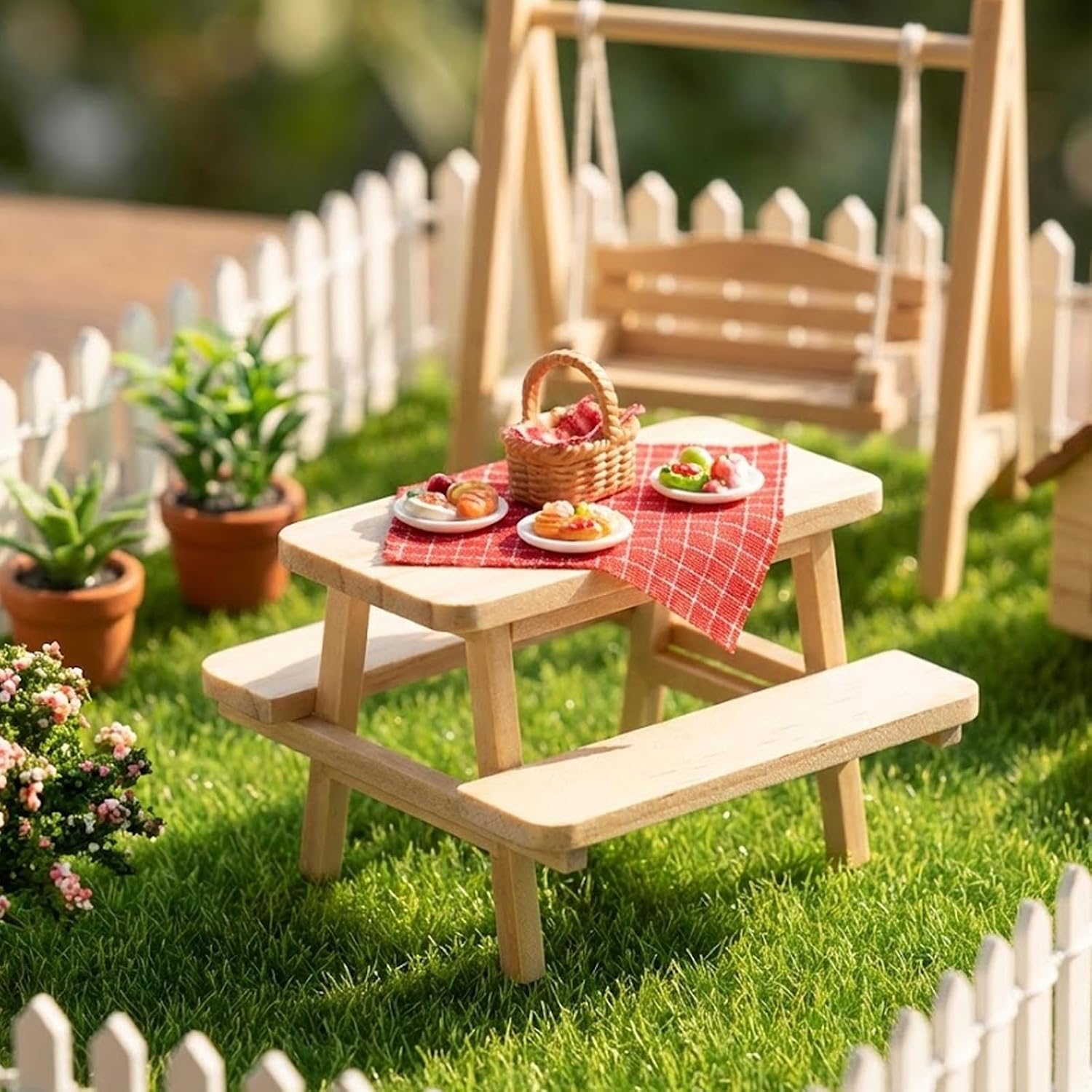Homoyoyo Mini Wooden Picnic Table Model with Joined Chairs, Doll House Furniture Prop for Dollhouse Decor and Photography Display, Khaki Small Doll Table Accessory