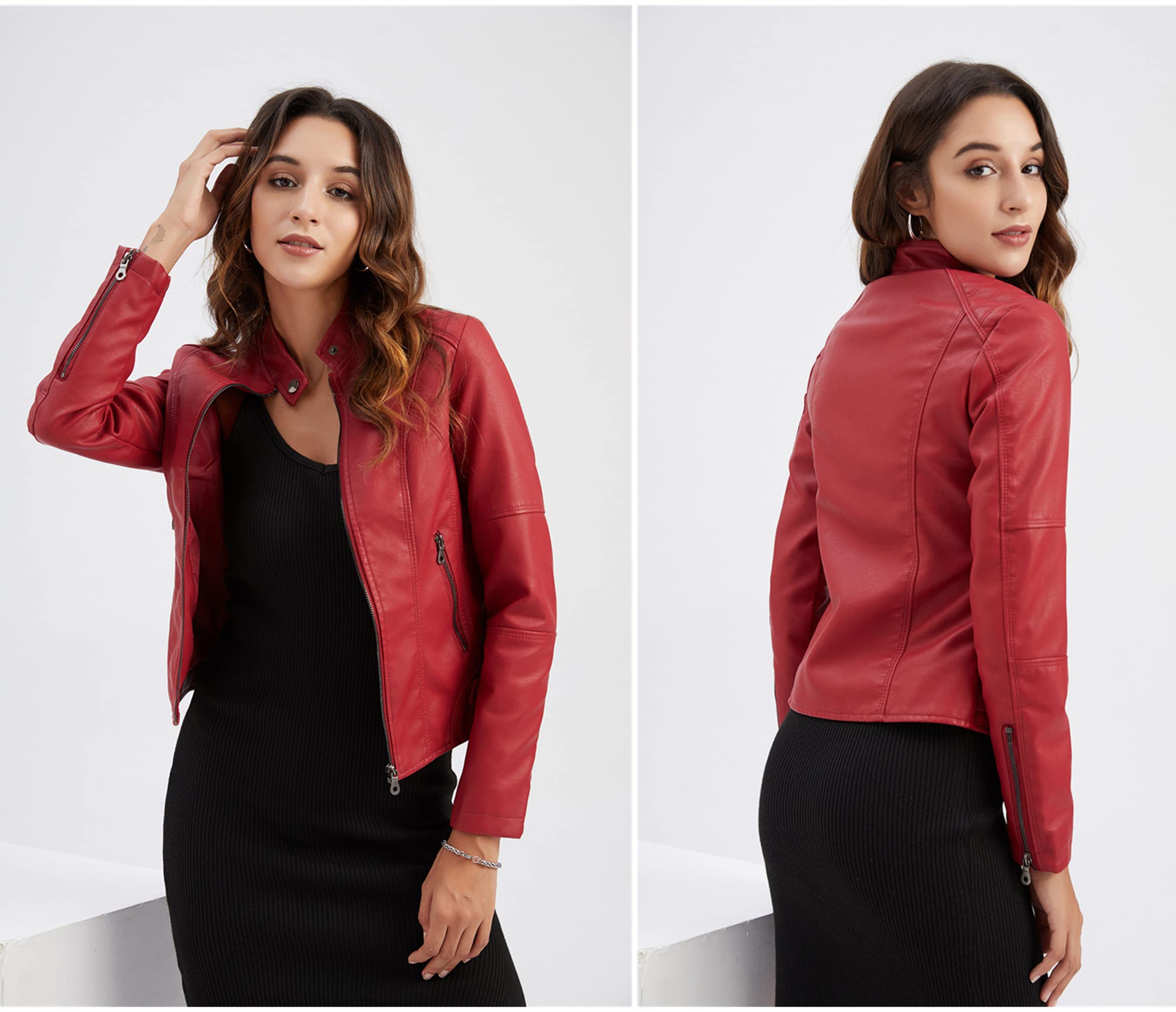 WSLCN Femme Veste en Similicuir Moto Blouson Zippé Casual Bomber Jacket