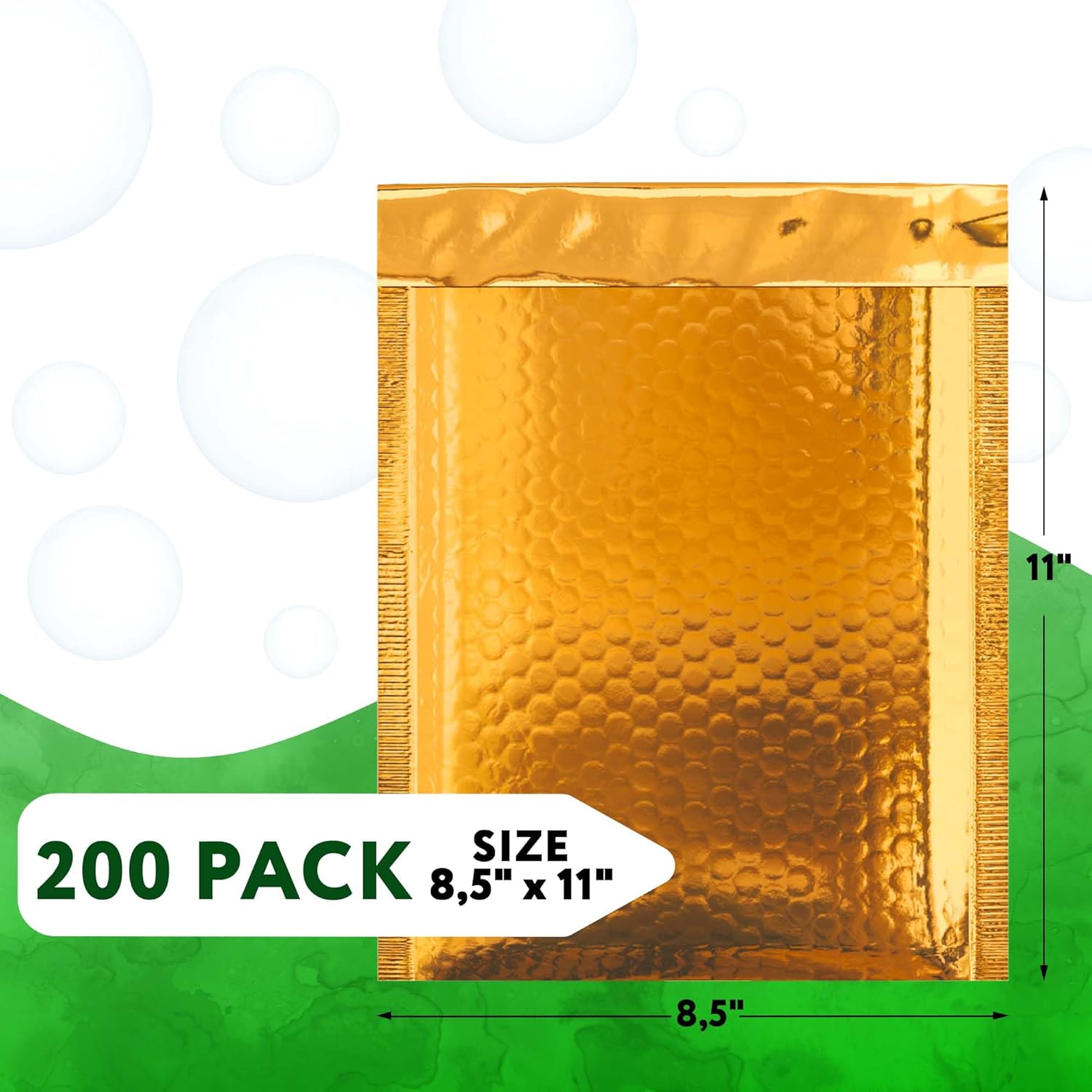 Gold Metallic Bubble Mailers, 8.5 x 11 Inches. Pack of 200 Bright Metallic Bubble Envelope. Self-Seal Foil Shipping Envelopes. Waterproof Poly Mailers Metallic for Small Business