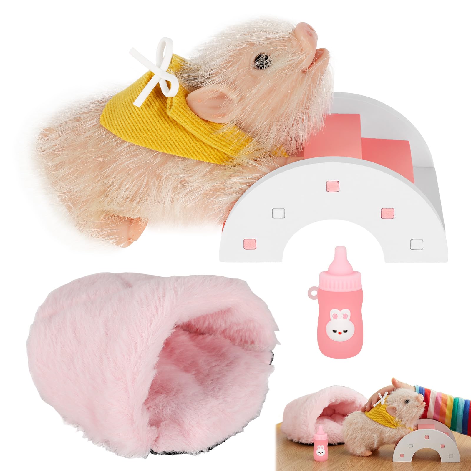 Ghshanog Silicone Pig Doll Toy, 13.5cm Cute Reborn Animal with Nest & Feeding Bottle, Soft Lifelike Piggy Toys, Portable Collectible Gift for Kids Boys Girls Home Décor(Style 1)
