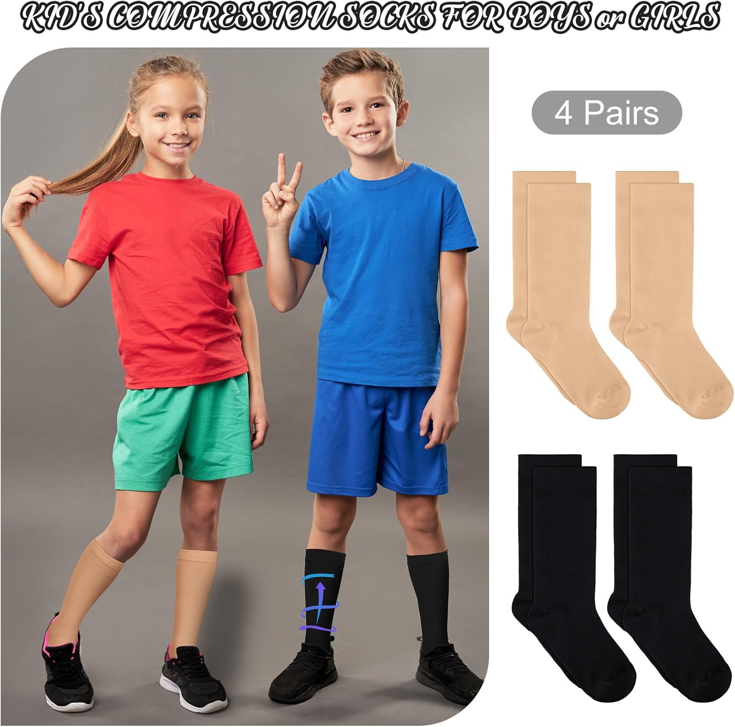 4 Pairs Kids Compression Socks 15-20 mmHg Knee Length Compression Stockings Travel Socks for Kids Childrens - Image 4