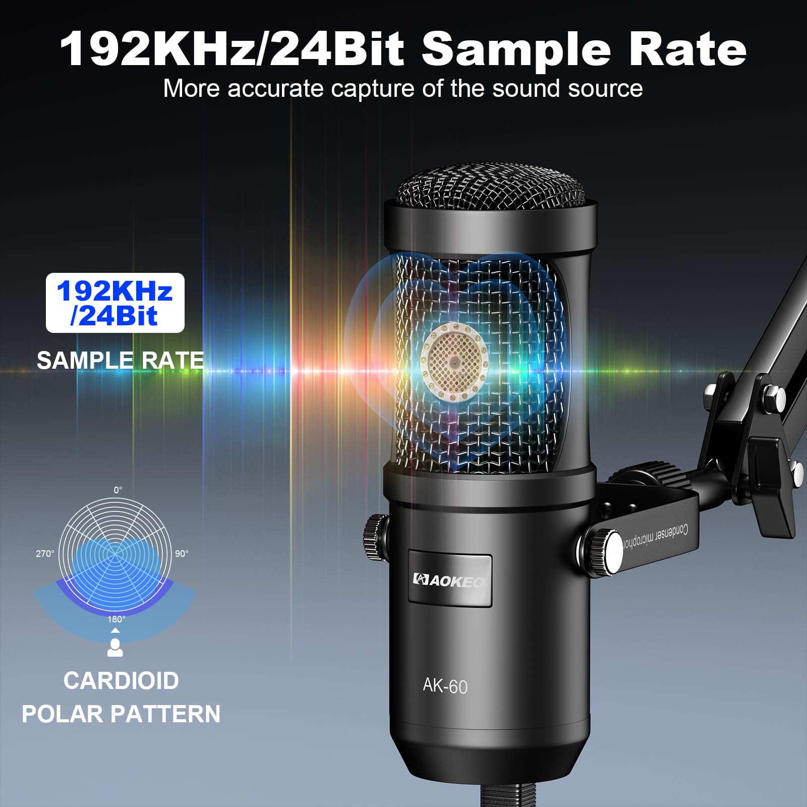 aokeo Microfono USB, 192 kHz/24 bit, set di microfoni per podcast con supporto per microfono, parabrezza, filtro pop, per radio, registrazione, YouTube, podcast