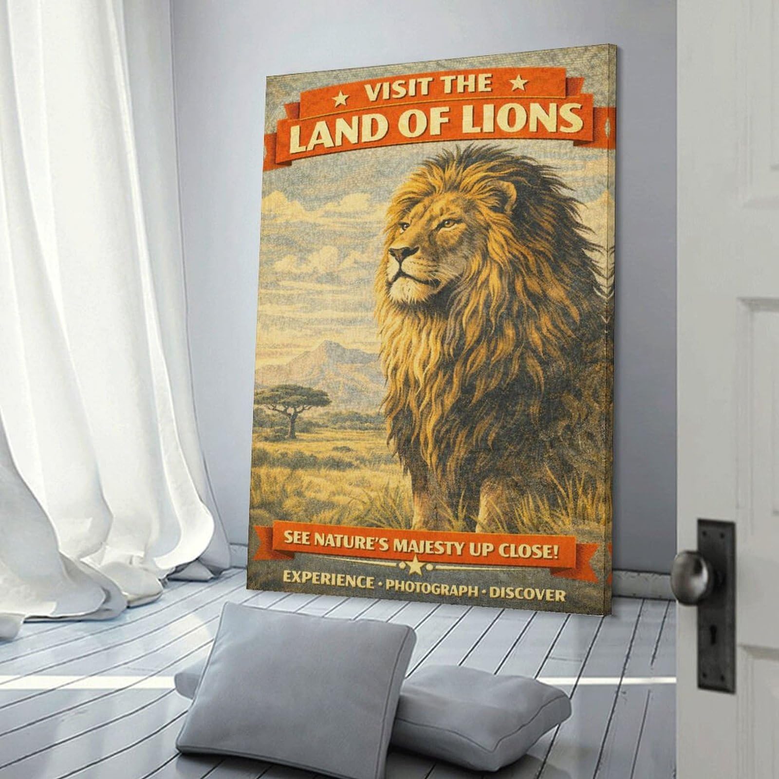 Junmoney Frame-Style-24 Visit The Land Of Lions Vintage Decorative Canvas Print, 08X12inch(20X30cm), For New Home Styling, Lounge Or Bedroom, Wall Decor With Flexible Room Appeal