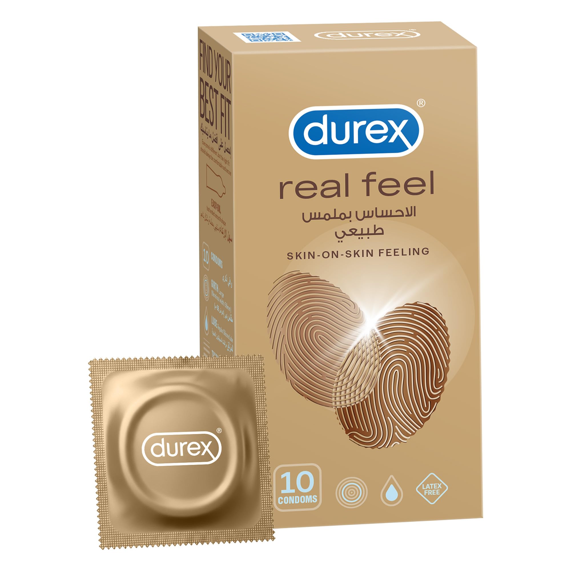 Durex Real Feel Condoms 10 Pack, Non-Latex Skin-on-Skin Feel Condoms for Natural Sensation, Ideal for Latex Sensitivity, Transmits Body Warmth, Pack of 10 for Couples