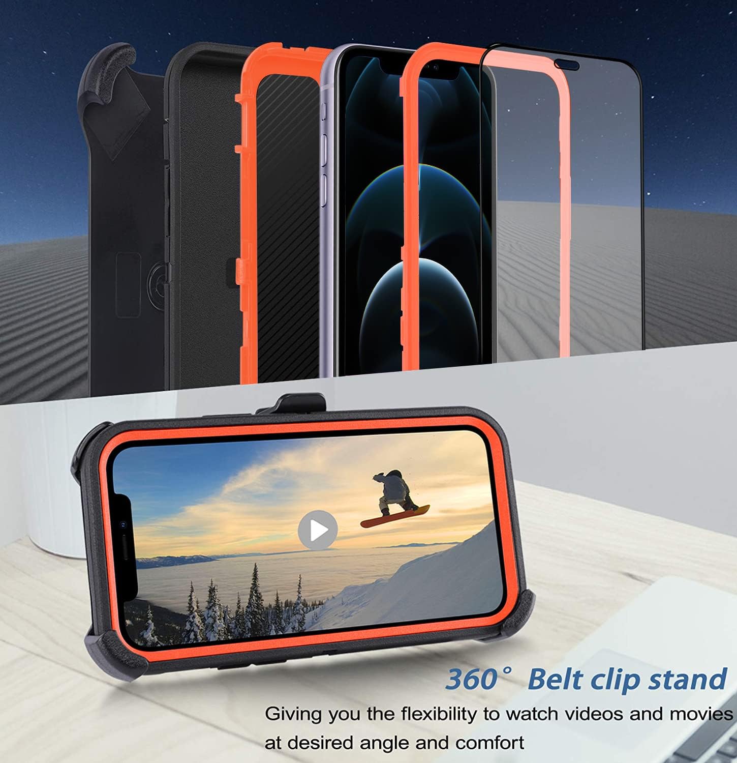 Case for iPhone 12 Pro Max Case 6.7" Belt-Clip Kickstand Holster with 2 Screen Protector,Full Body Rugged Heavy Duty Military Grade Shockproof/Drop Protection Cover (Black Orange+Clip) - Image 3