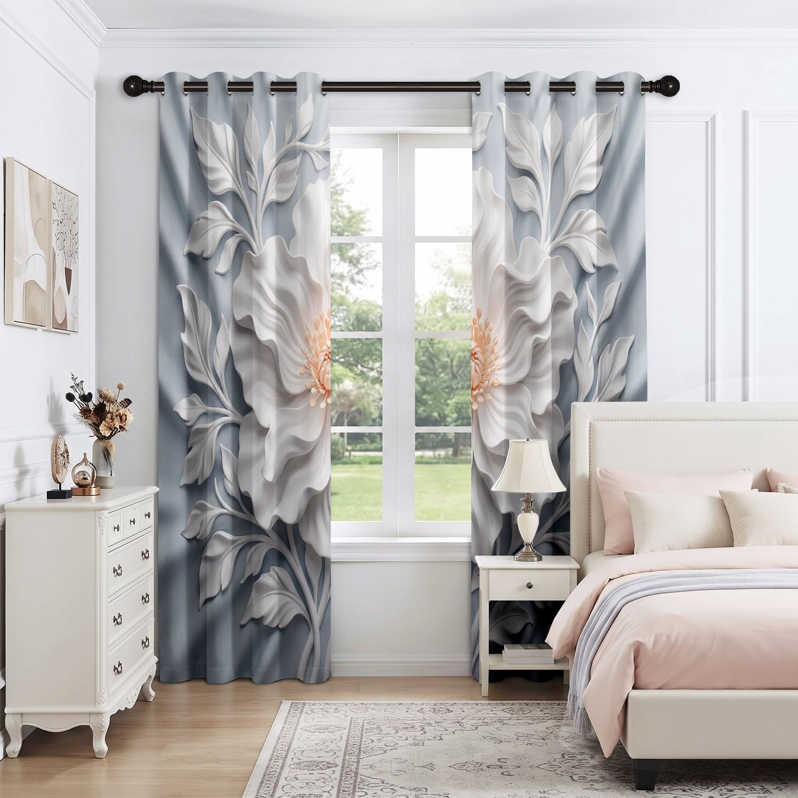 Blickdichte Gardinen für Wohnzimmer, Vorhänge Deko 3D Relief Blumen