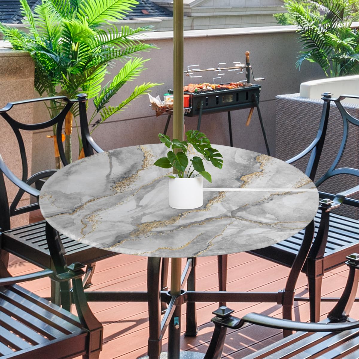 Marble Texture Morden Outdoor Round Tablecloth with Umbrella Hole Round Fitted Patio Table Cover with Elastic Edged Waterproof Wipeable Table Cloth Fit 45