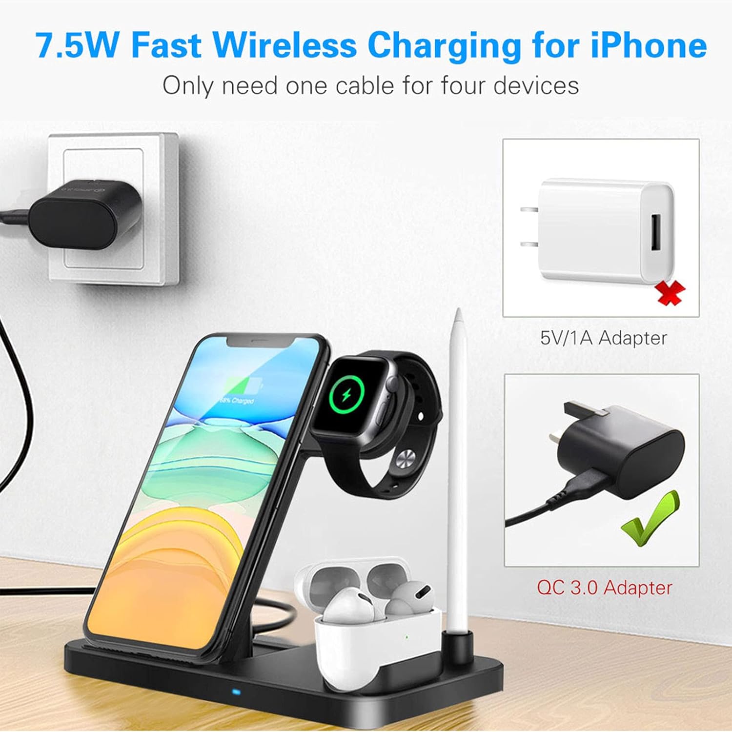 Wireless Charger Dock 4 in 1 Fast Charging Station, iKALULA Nightstand QI Quick Charger, Foldable Adjustable Stand : Cell Phones & Accessories
