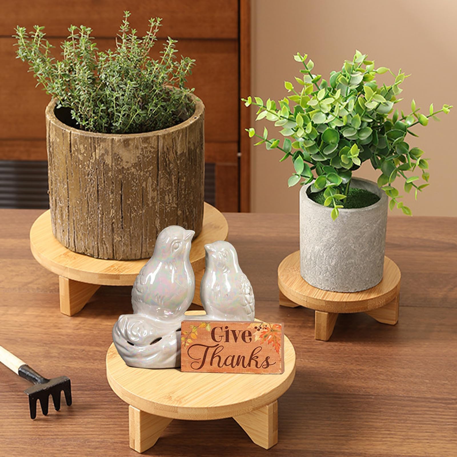 3er Set Blumenhocker Holz, Abnehmbar Klein Holzschemel, Kleiner Deko Hocker, Ausstellungsständer für Holzhocker, Mini Holz Blumenteller,runder Pflanzenständer für drinnen und draußen, Terrasse, Garten