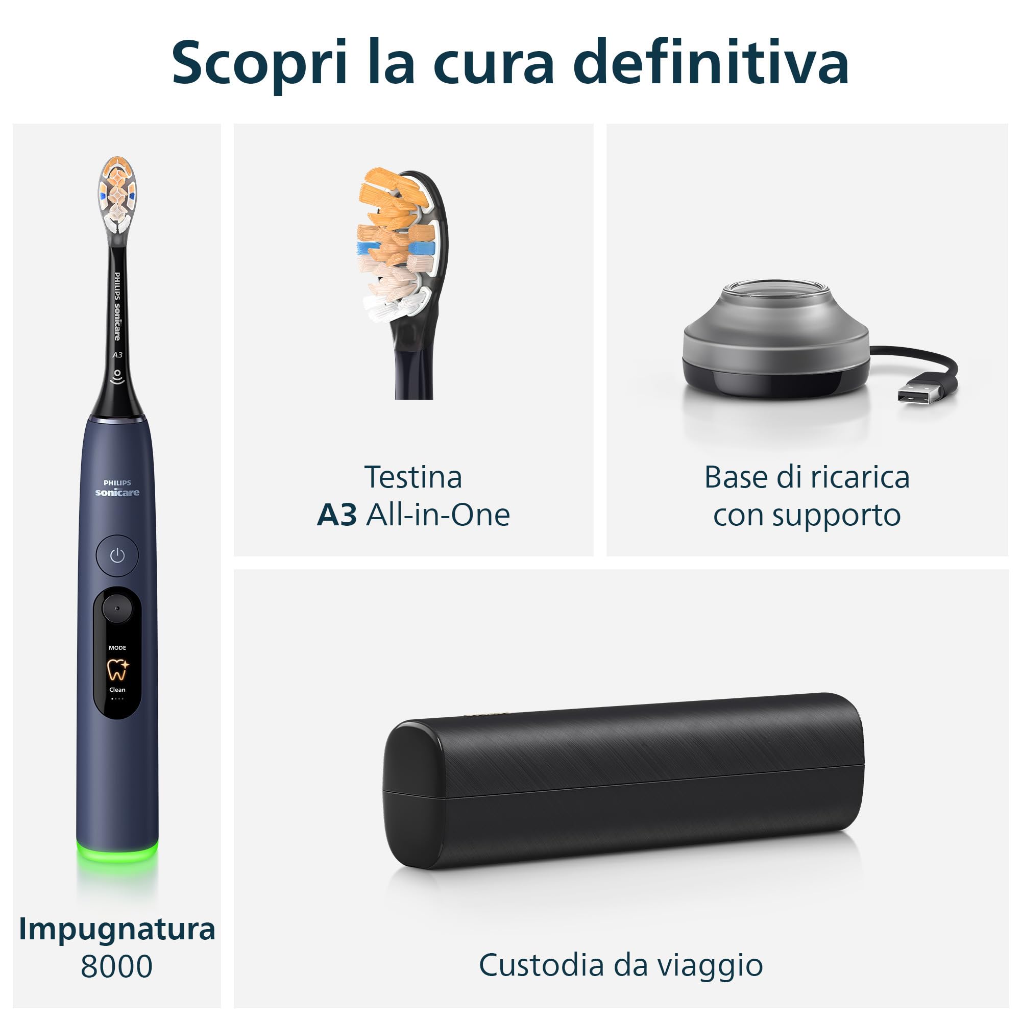 Philips Sonicare Next-Generation DiamondClean 8000 Spazzolino elettrico - con Feedback di pressione, 15 impostazioni, blu scuro, HX8311/13