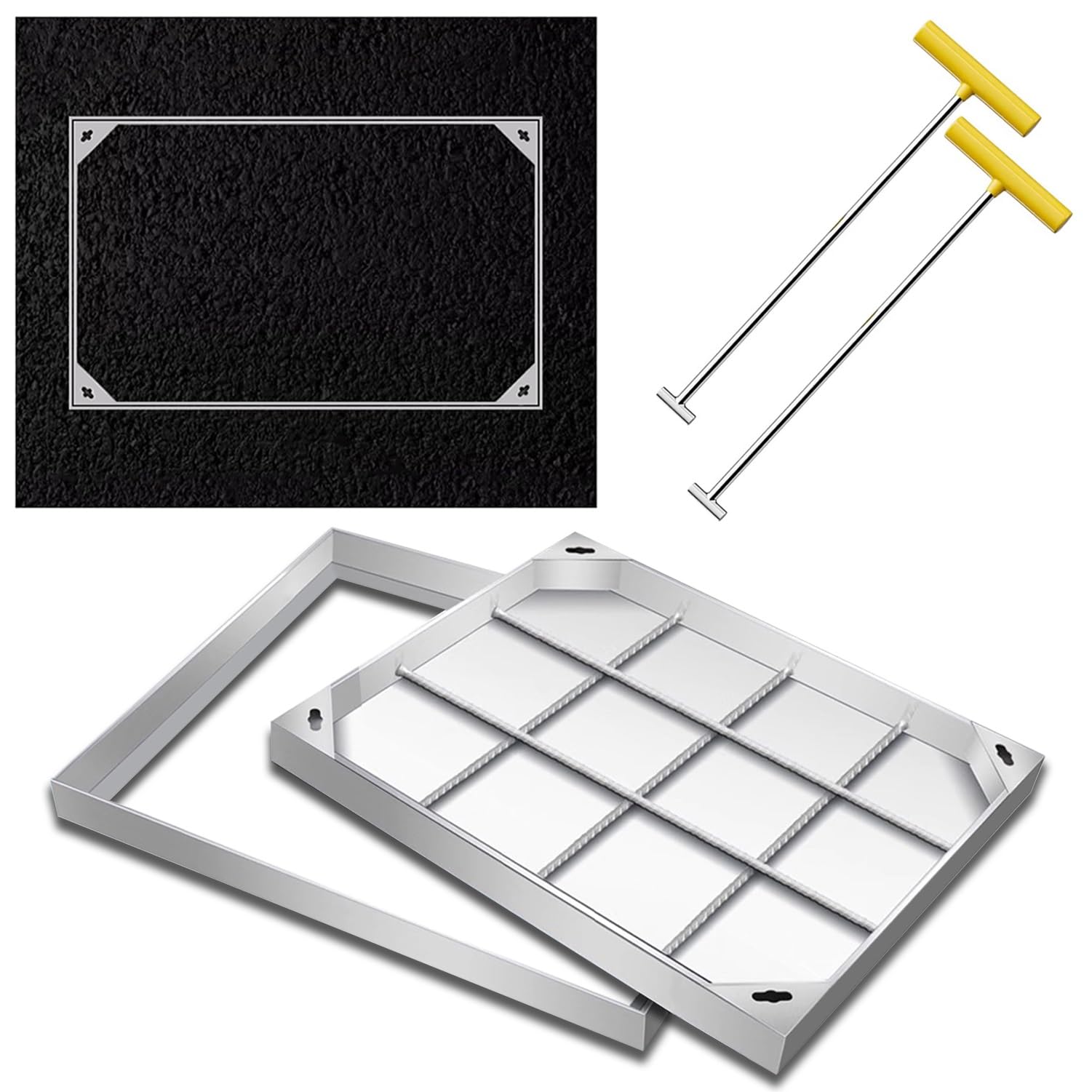 SZITW Recessed Manhole Cover And Frame, Rectangle Reinforced Stainless Steel Inspection Chamber Cover With Lifting Hook For Septic Tank Lid, Sewer(30X65cm)