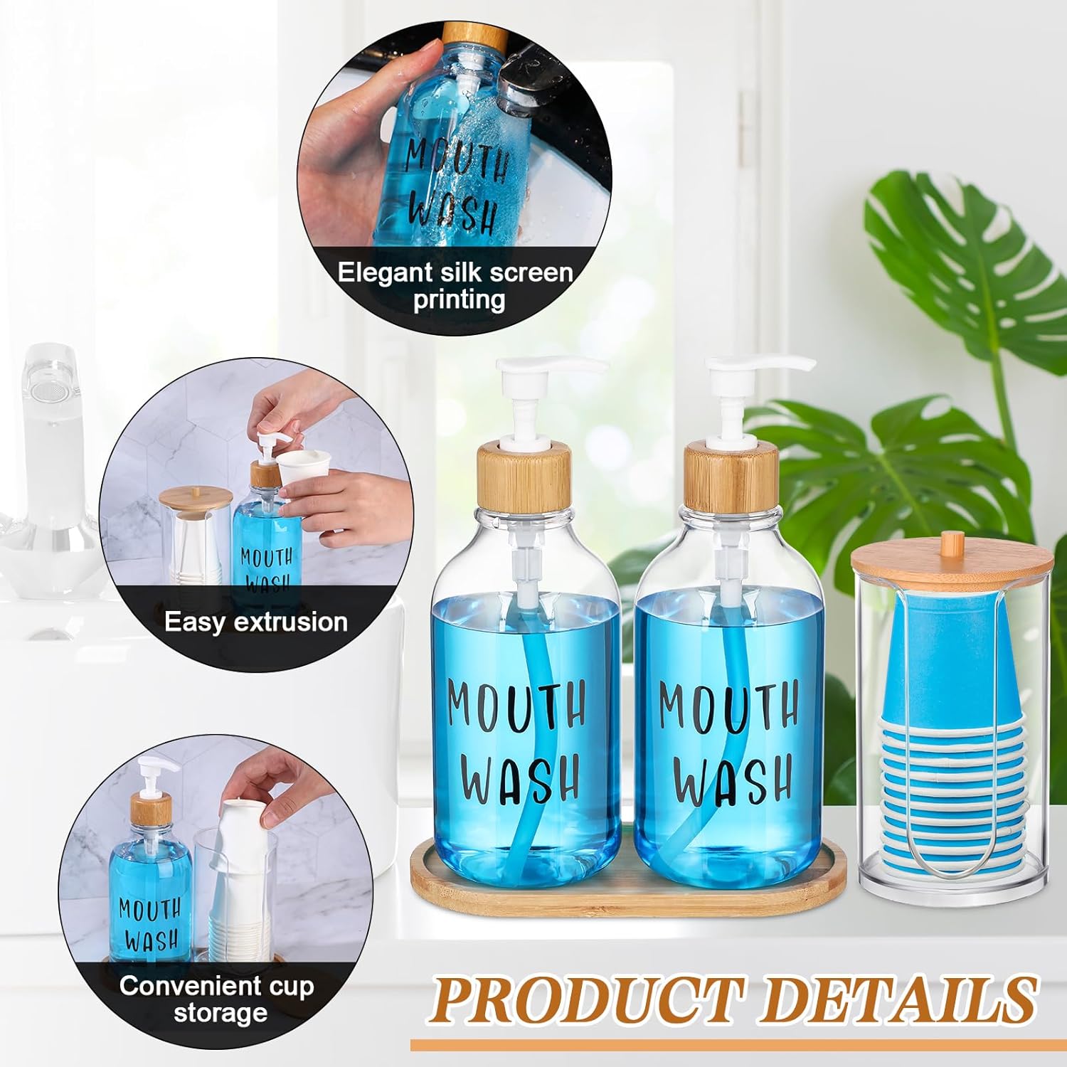 2 Sets Mouthwash Dispenser for Bathroom 17 Oz Refillable Mouth Wash Pump Bottle Paper Cup Holder with Bamboo Lid and Tray Clear Mouthwash Container for Bathroom Vanity Kitchen Sink - Image 3
