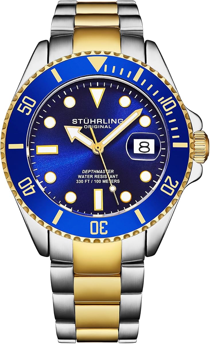 Stuhrling Original Men's Dive Watch - Reloj de buceo para hombre, cuarzo suizo, reloj de pulsera de acero inoxidable de dos tonos, reloj resistente al agua de 100 M, reloj duradero para hombre, reloj de pulsera clásico para hombre