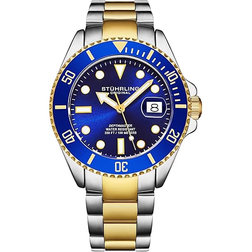 Stuhrling Original Men's Dive Watch - Blue Dial Dive Watch for Men, Swiss Quartz, Two Tone Stainless Steel Wrist Watch, 100M Water Resistant Watch, Durable Watch for Men, Classic Men’s Wrist Watch