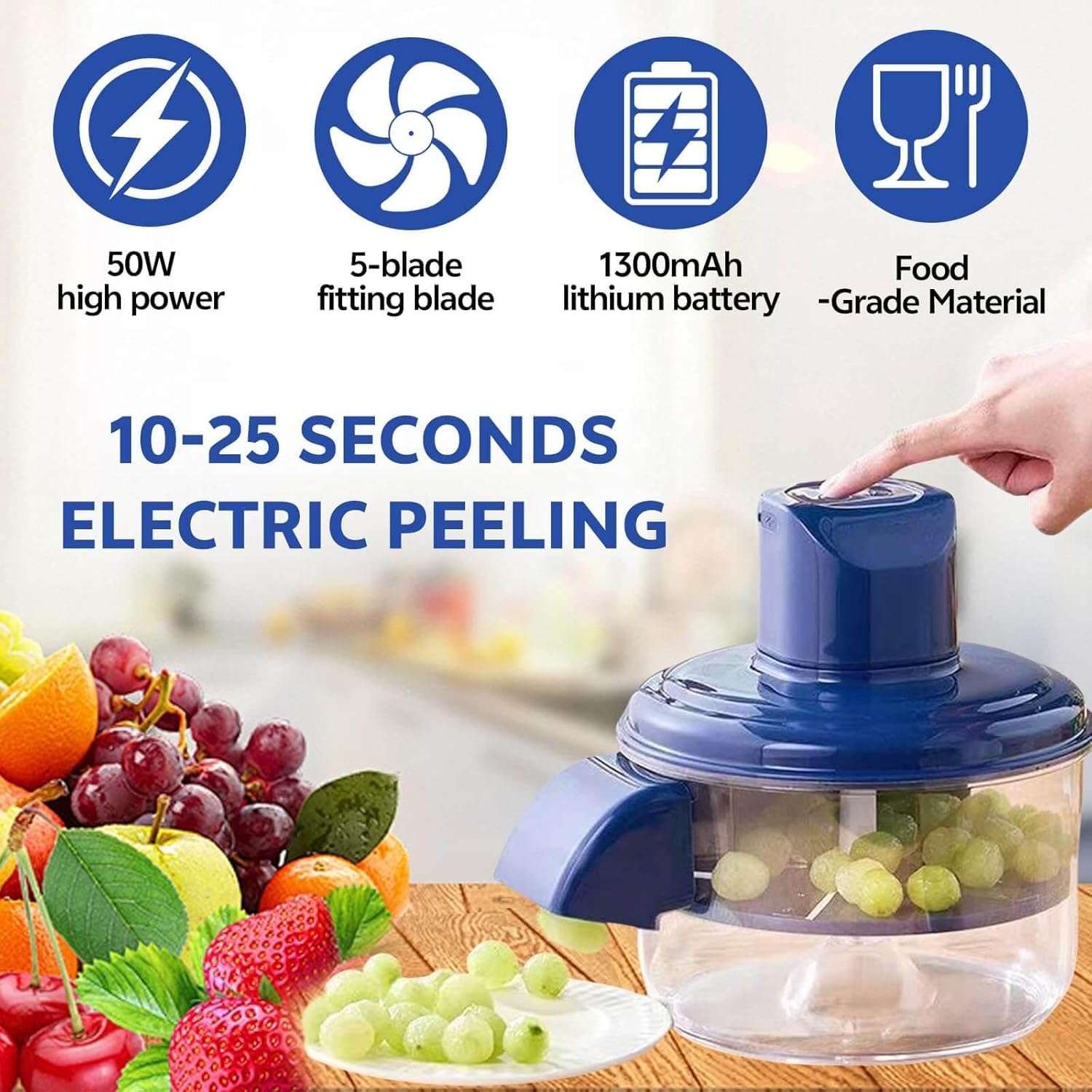 [Efficient] Electric Garlic Peeling Machine, Automatic Garlic Skin Remover 50W Motor, Stainless Steel Quick Peel Pro, Rechargeable Peeler for Grapes, Cherry, Tomato, Fruits, Kitchen Tool (Blue)