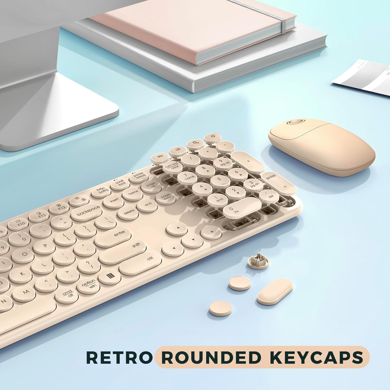 Color beige seenda Wireless Keyboard and Mouse, USB & Type C 2-in-1 Receiver, SK73-3 Full Size Brown Wireless Keyboard Mouse Combo, Compatible for Windows, MacBook Pro/Air, Laptop, Desktop, PC - Khaki