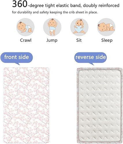 Miniatura 5 de Sábana bajera ajustable para cuna pequeña con temática de flor de cerezo, material ultrasuave, sábana de bebé para niños y niñas, coral blanco, 24 x