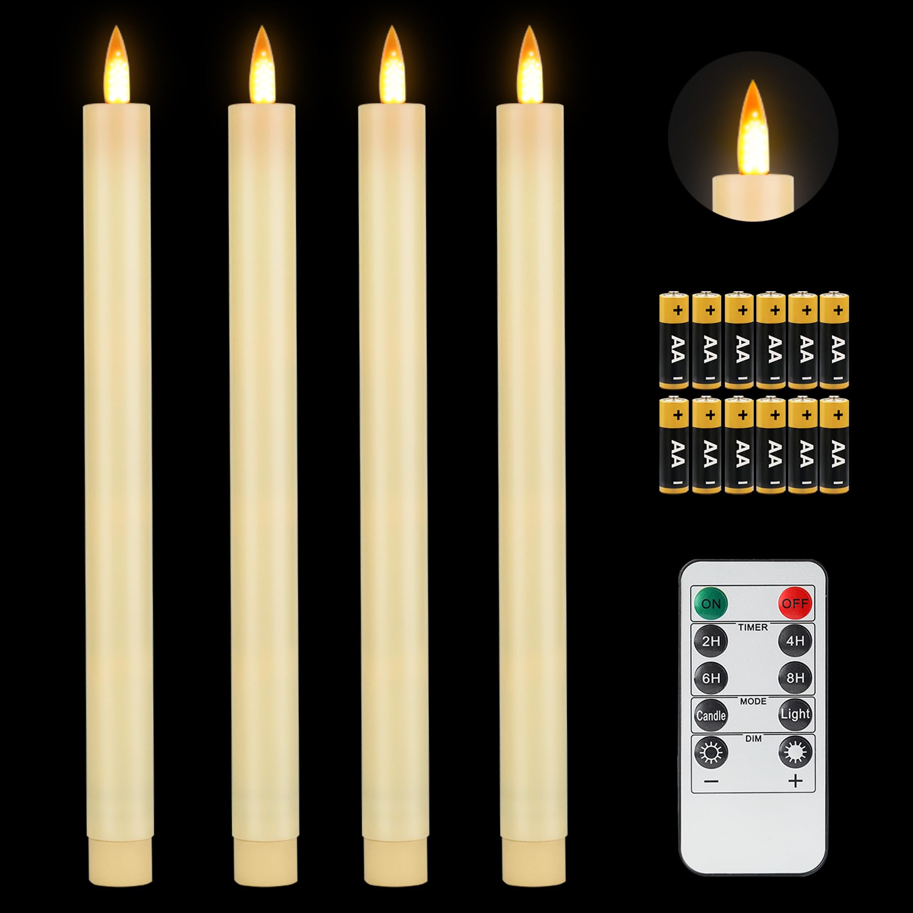 Fanna 4 Ivory Flameless Taper Candles with Dynamic Flickering Flames for Christmas and Weddings, Battery Operated Plastic LED Candlesticks with Timer and Remote, 12 Batteries Included - H 28cm