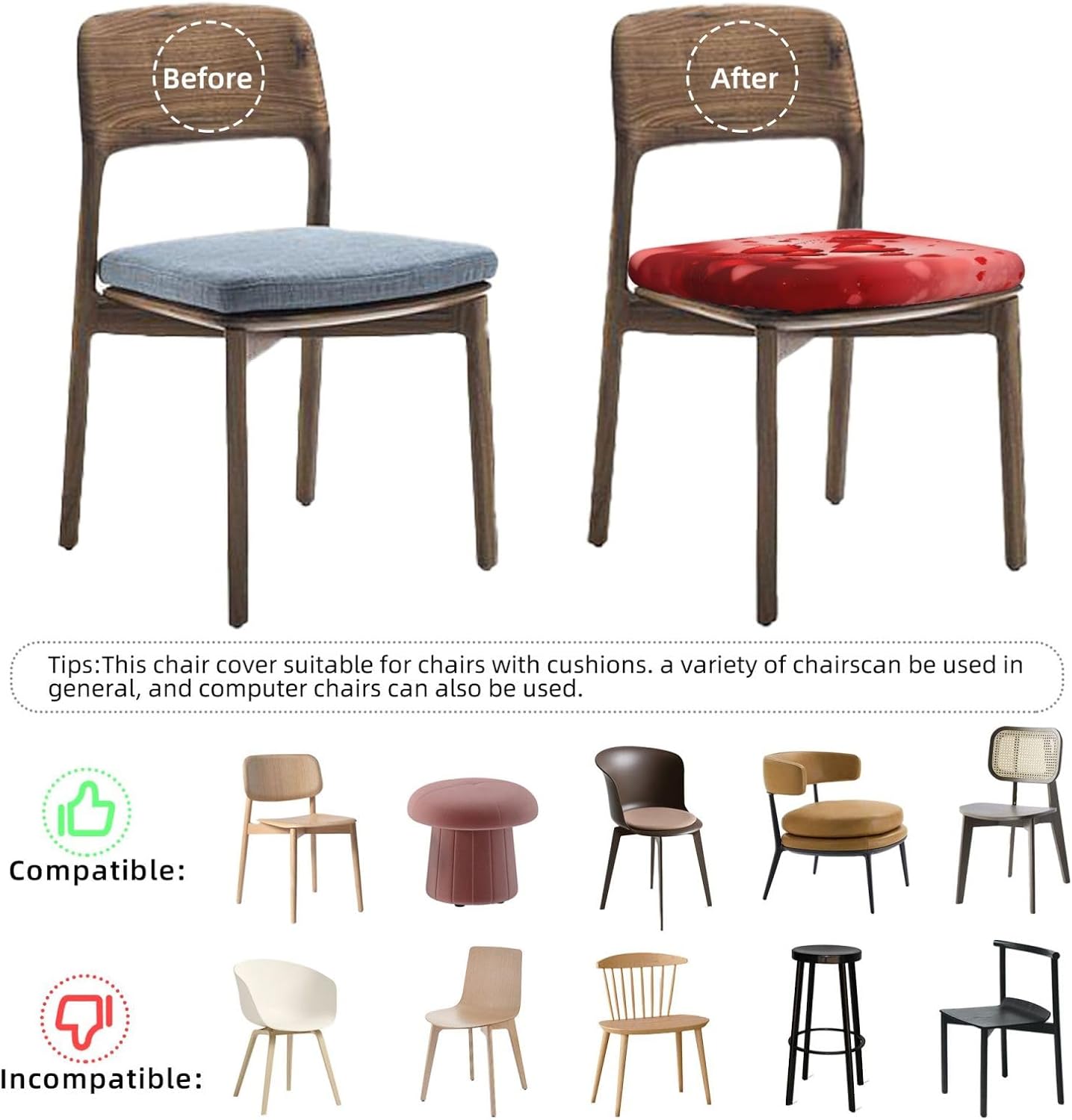 Set of 6 Removable Chair Seat Covers for Dining Room, Valentine's Day Stretchable Wedding Party Chair Slipcovers Cushion Protector Heart Love Ballons Furniture Decor, 16.9x16.9 Inches