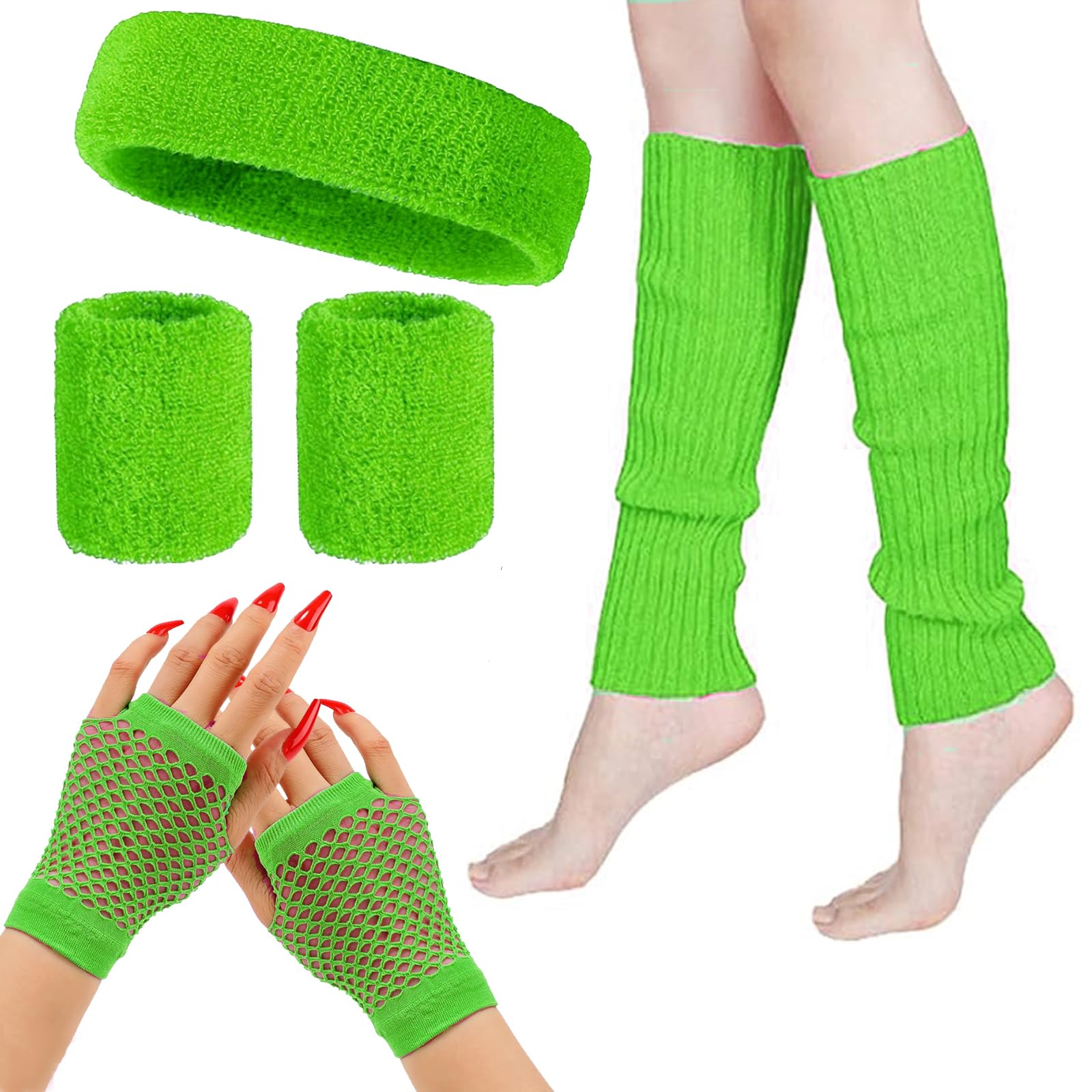 MUFEKUM 80s Fancy Dress Costumes Accessories, Leg Warmers Fishnet Gloves Headband Wristbands Sweatbands Neon Set